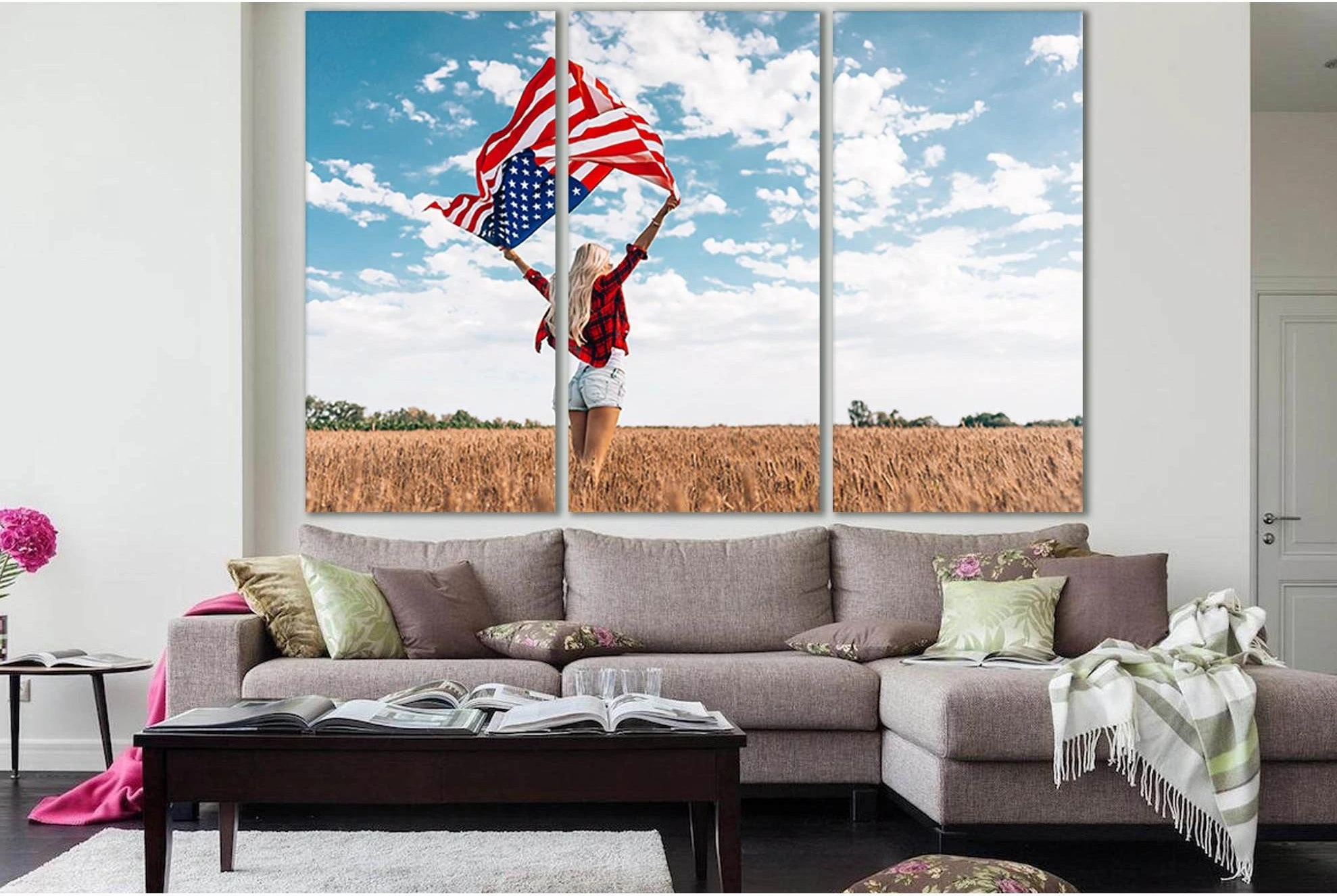 Girl In Field With USA Flag №SL1176 Ready to Hang Canvas Print - Zellart Canvas Prints 0new, ALL_Products, Flags