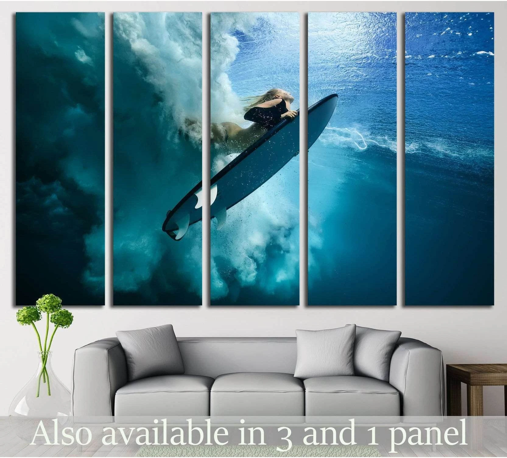 Girl Surfing showing ocean water, wave movement and surf.