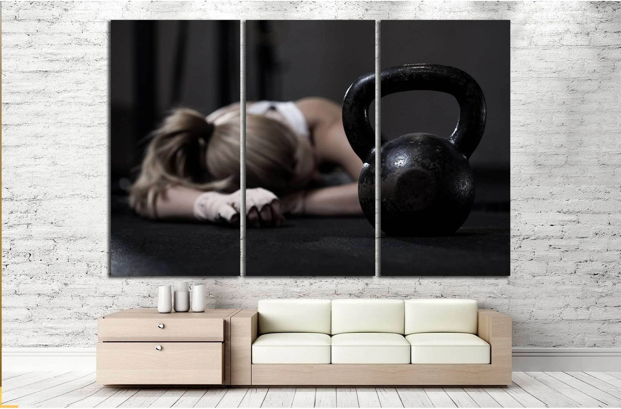 Girl tired after workout with dumbbells №1465 Ready to Hang Canvas Print - Zellart Canvas Prints ALL_Products, s-1465