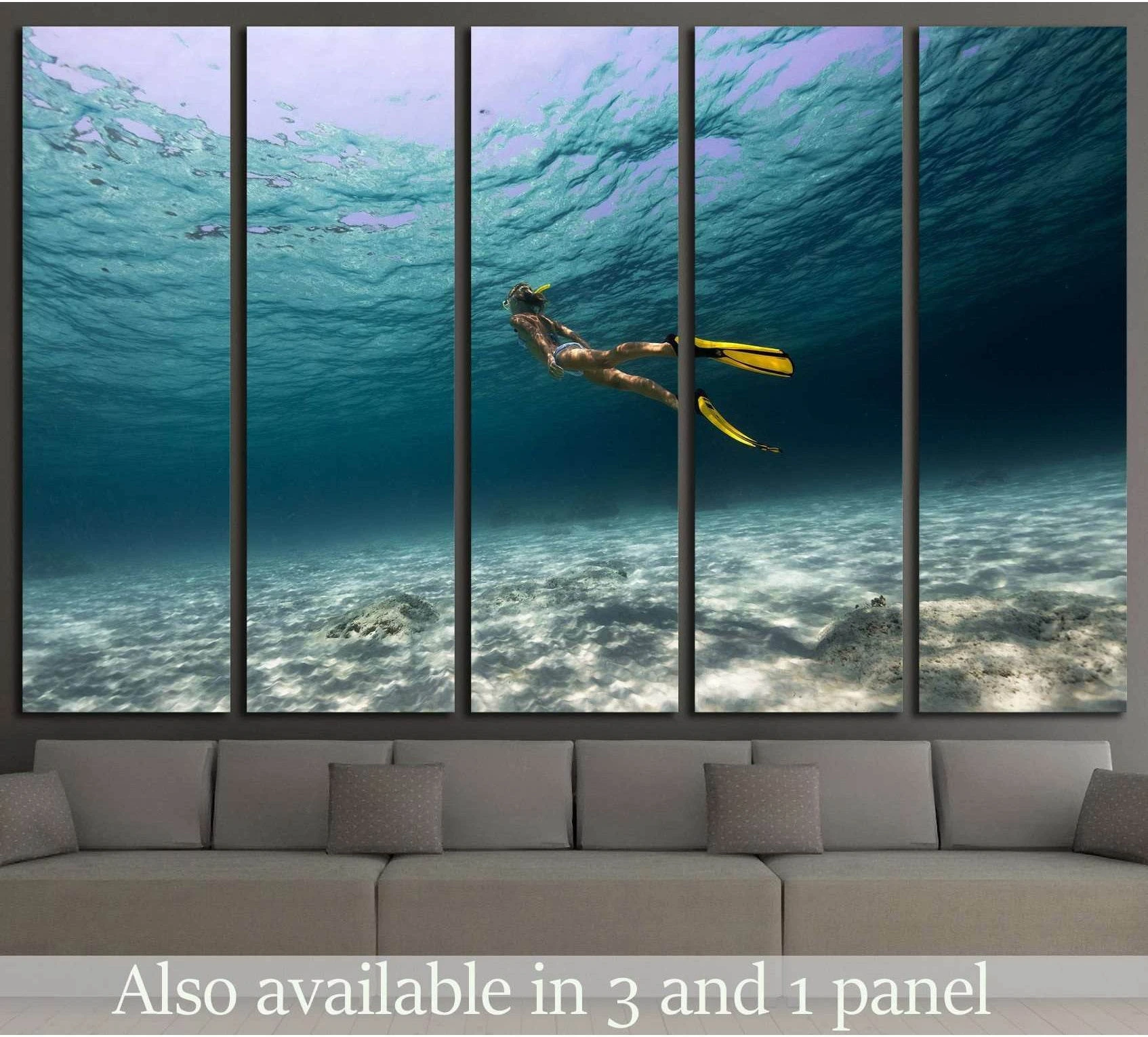Girl Underwater showing blue ocean wall art with water and coastal depth.