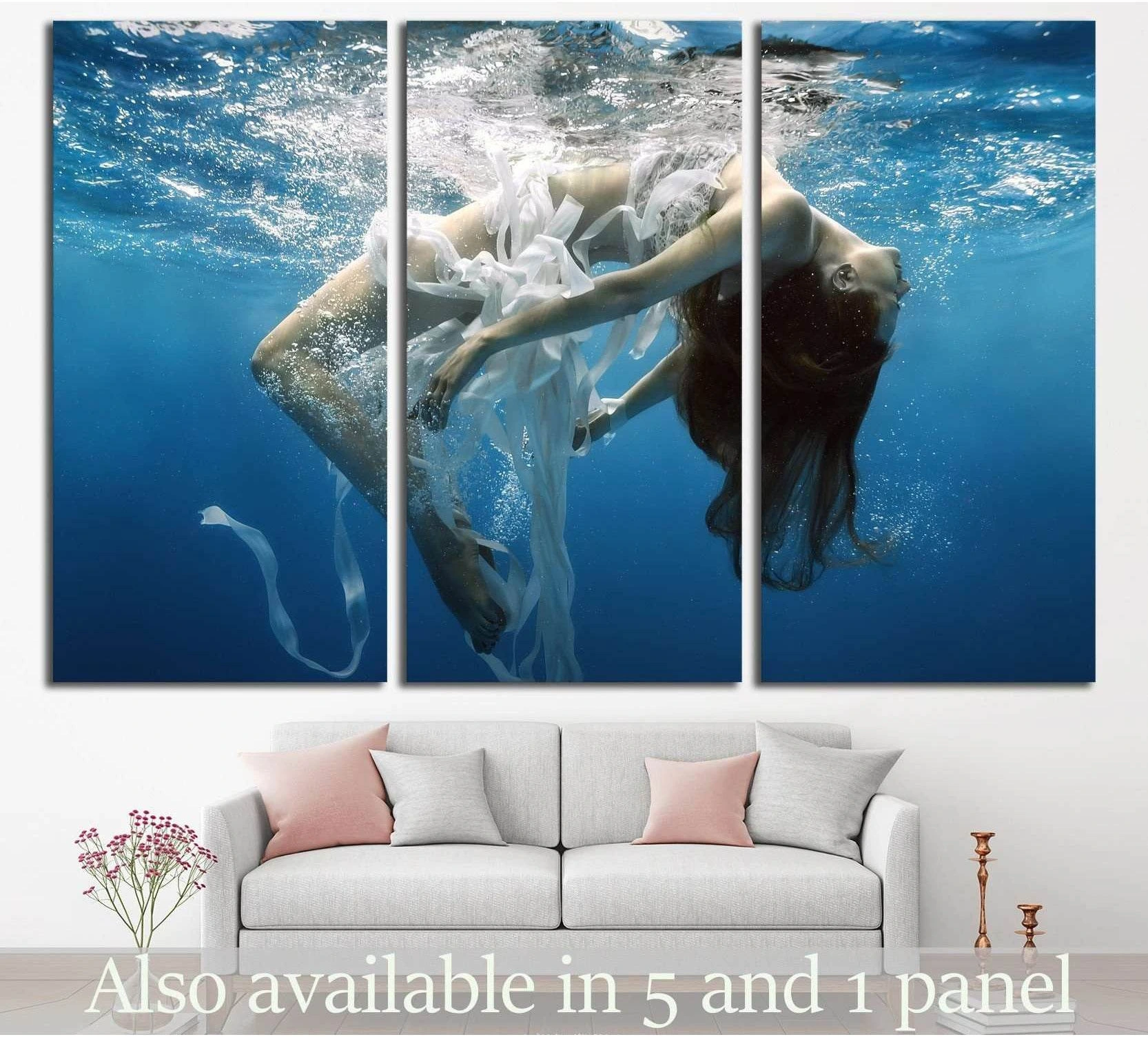 Girl Underwater showing blue ocean wall art with water and coastal depth.