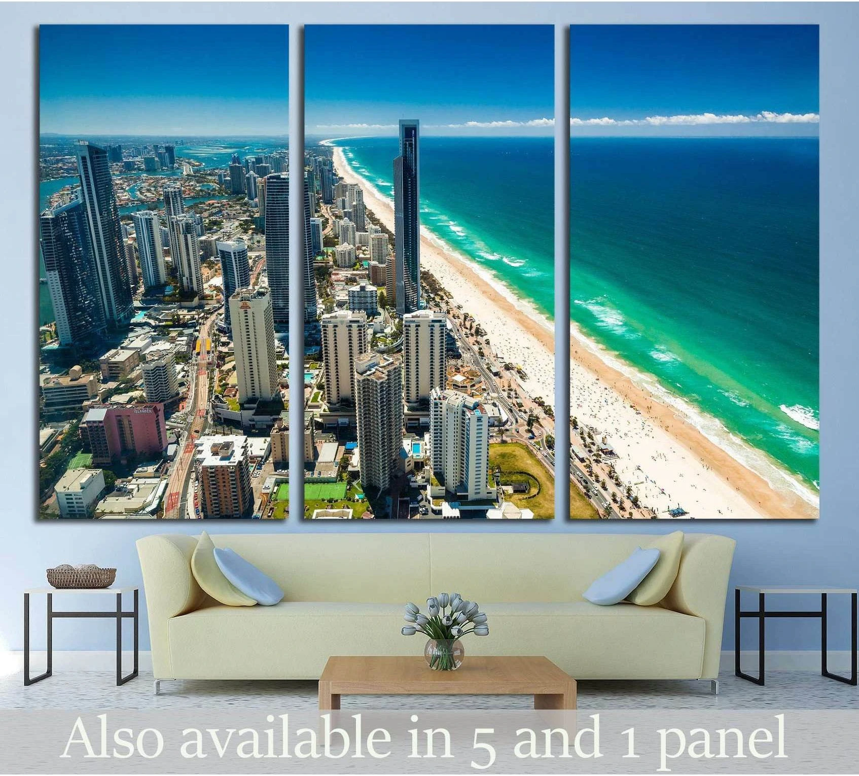 GOLD COAST, AUS, Aerial view of the Gold Coast in Queensland Australia looking from Surfers Paradise north towards Brisbane showing ocean water, wave movement and surf.