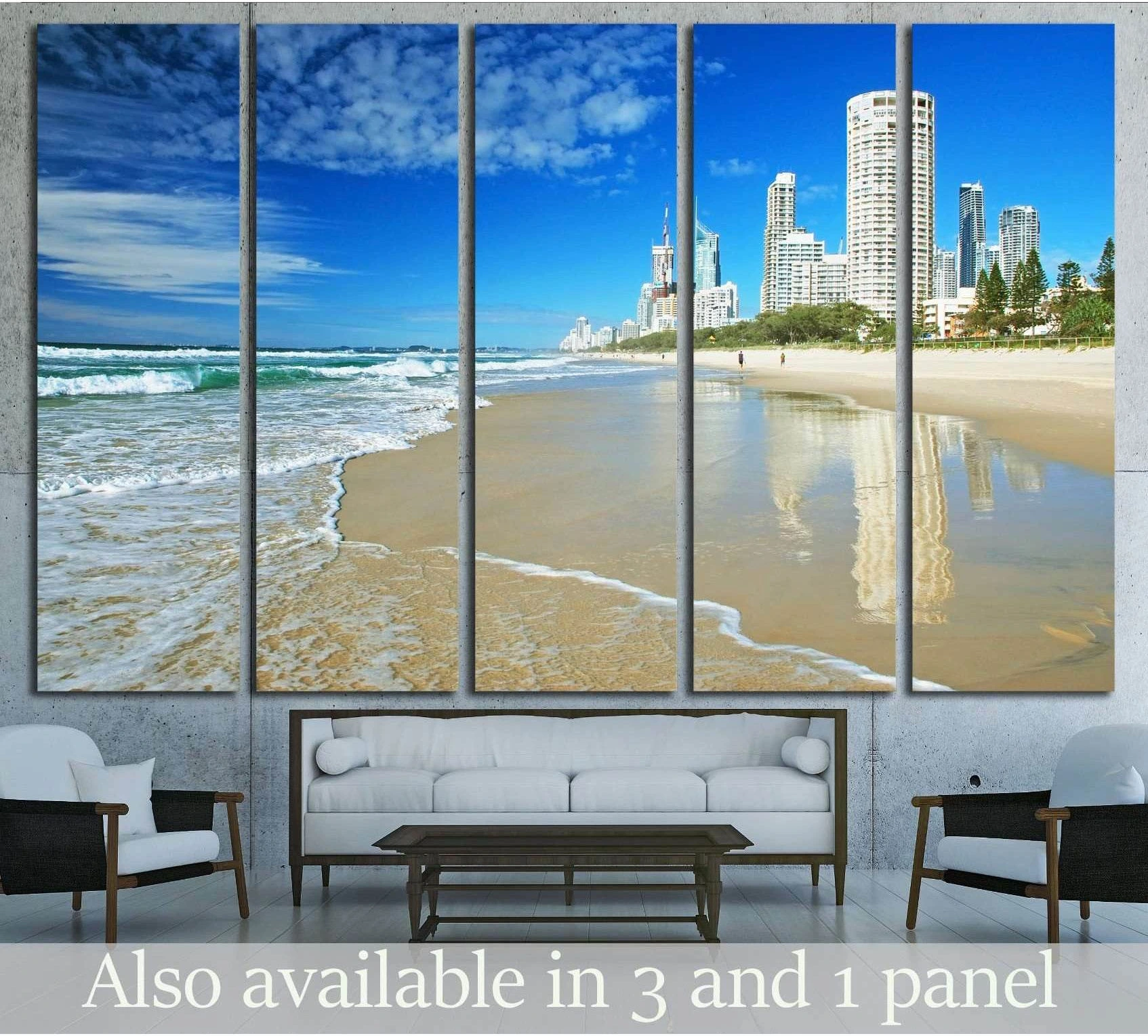 Gold Coast beach skyline canvas print with surf, sandy shore, and high-rise towers