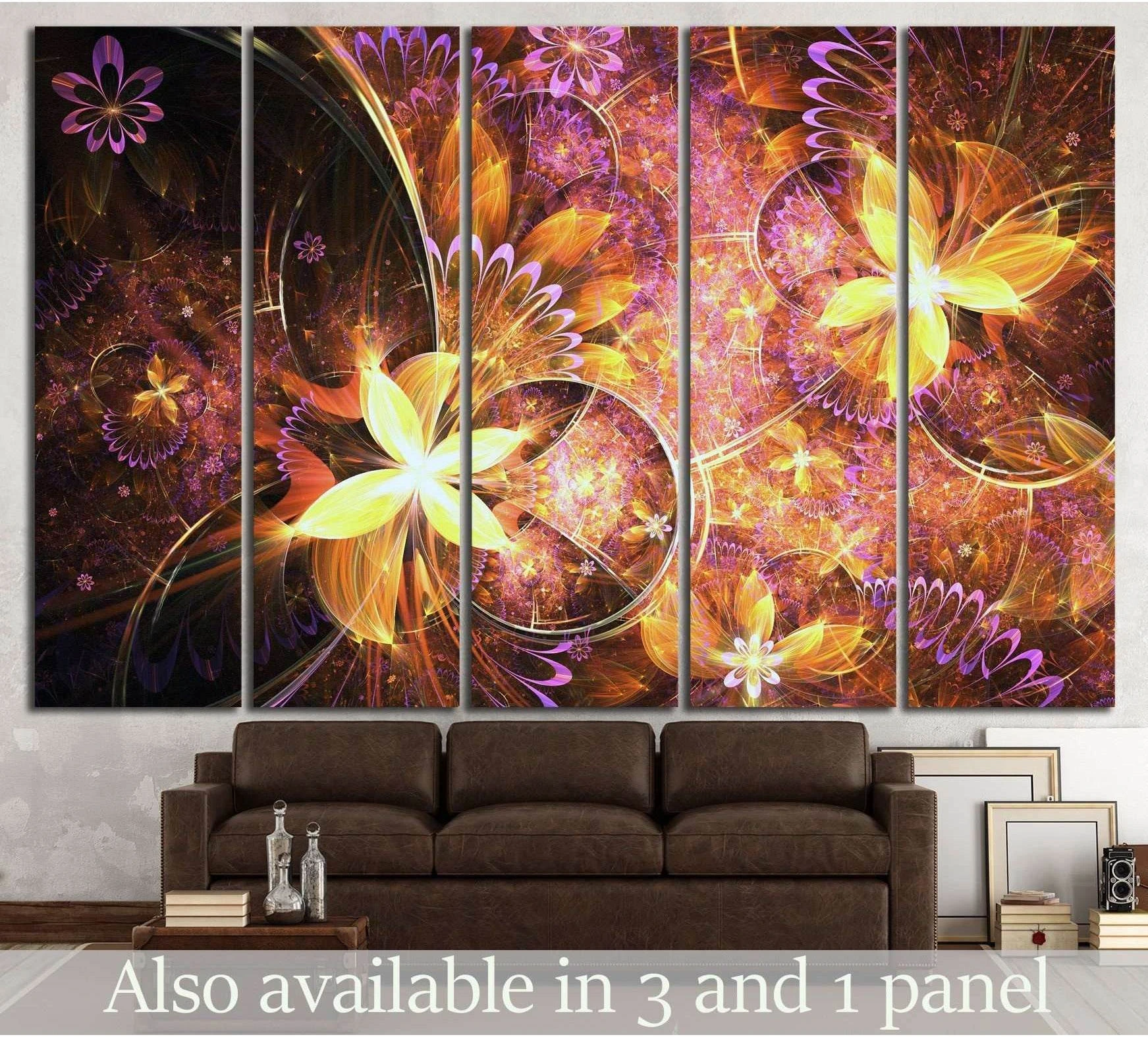 Golden fractal flower canvas print in glowing gold and purple tones above a brown sofa