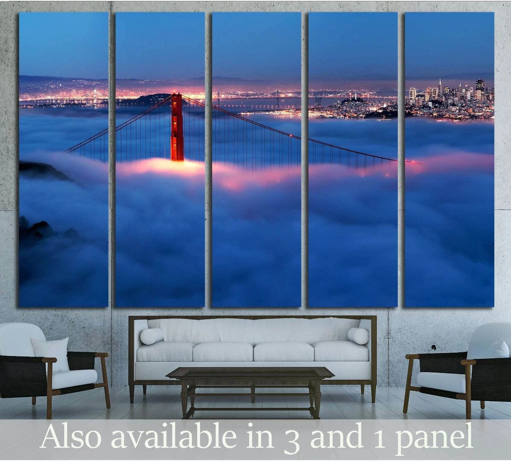 Golden Gate Bridge canvas print above sofa with night fog and San Francisco skyline