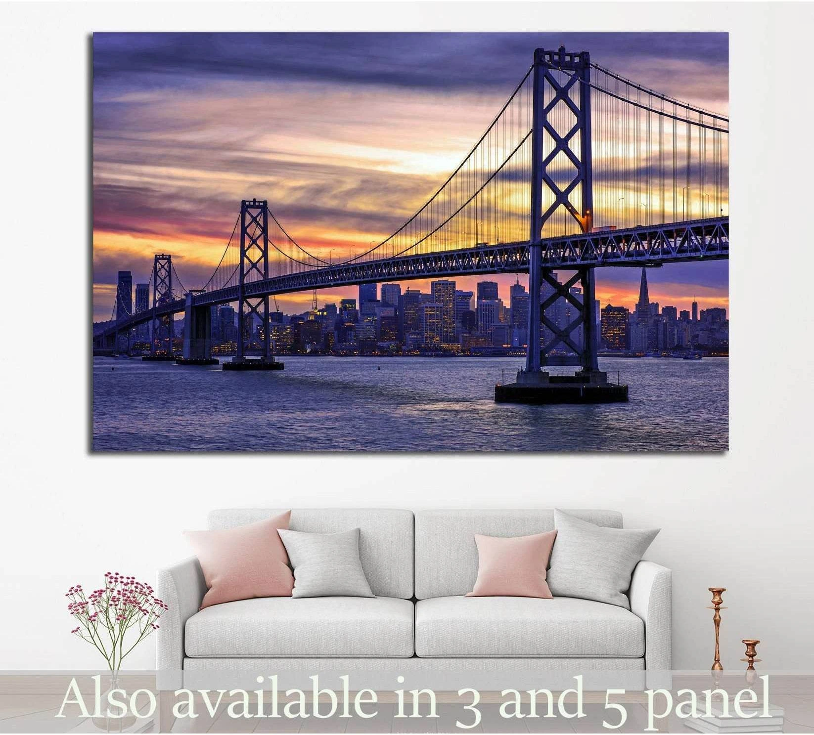San Francisco Bay Bridge sunset canvas print above sofa in a modern living room