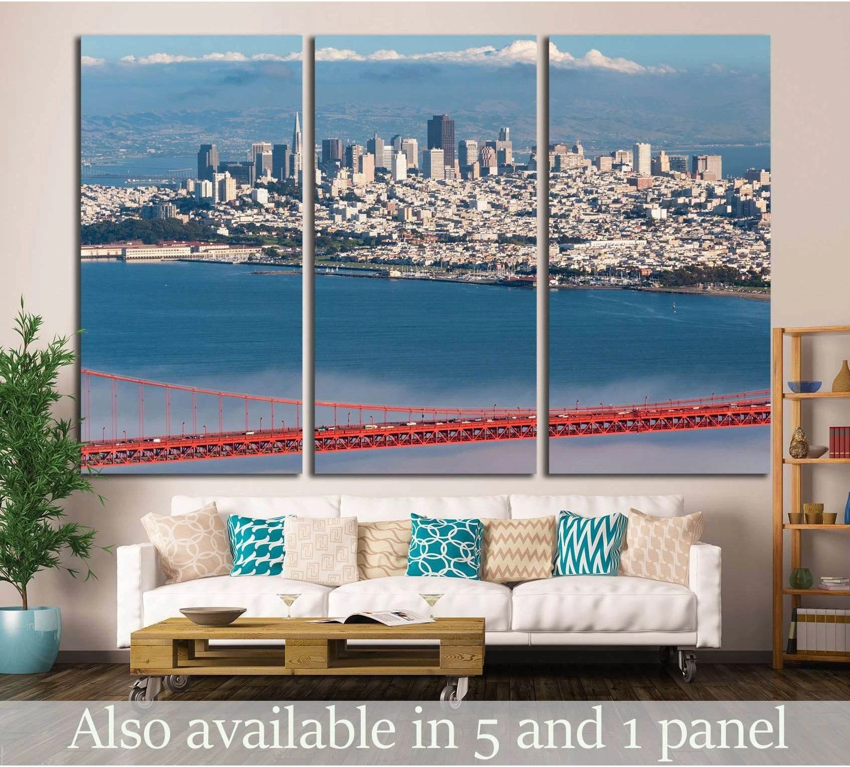 Golden Gate Bridge and San Francisco skyline triptych canvas print above sofa in modern living room