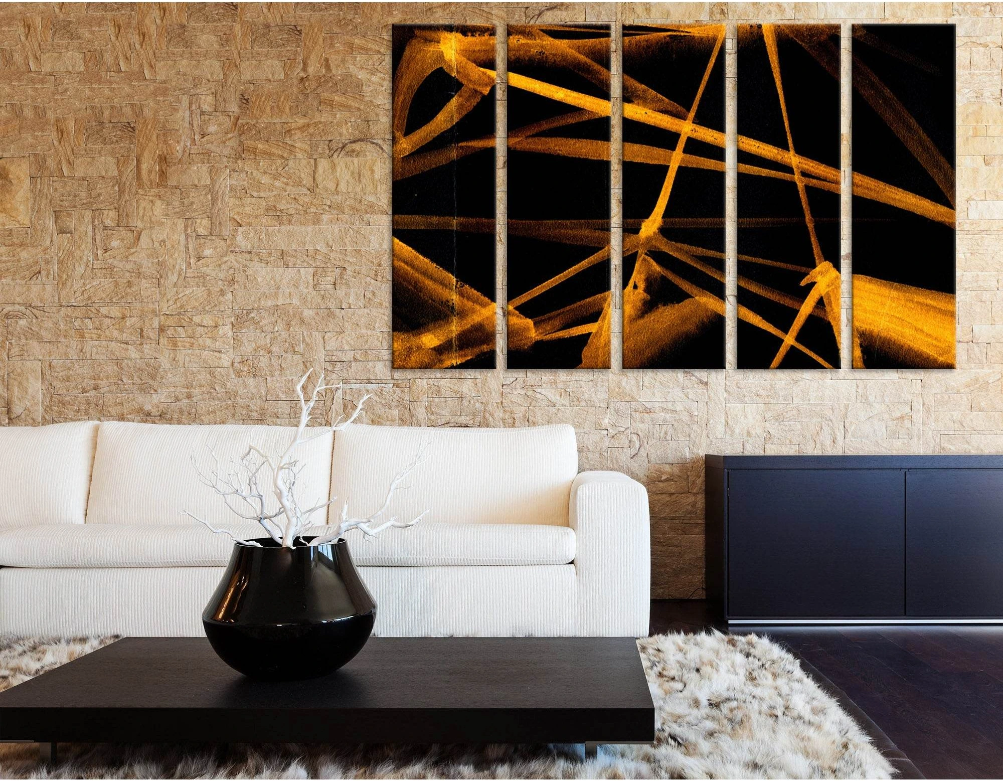 Golden Lines On Black Abstract №04277 Ready to Hang Canvas Print - Zellart Canvas Prints ALL_Products