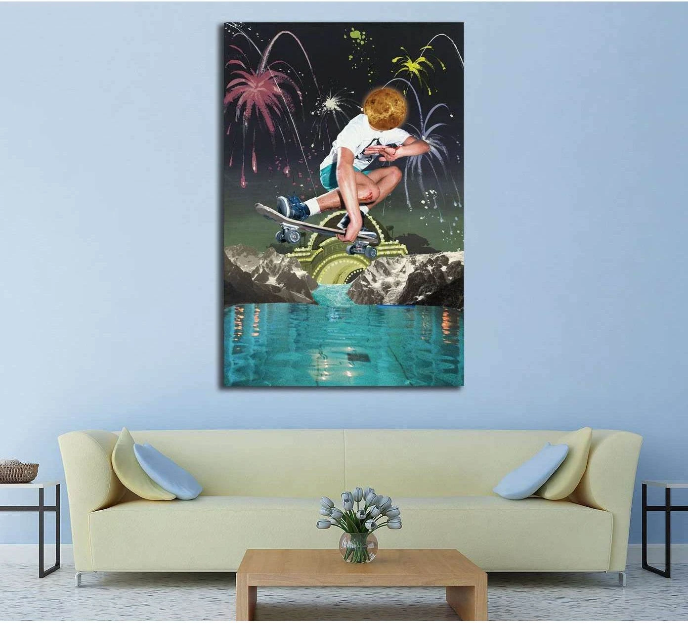 Surreal skateboard canvas print with moon-headed skater above turquoise water, hung above a sofa in a modern living room