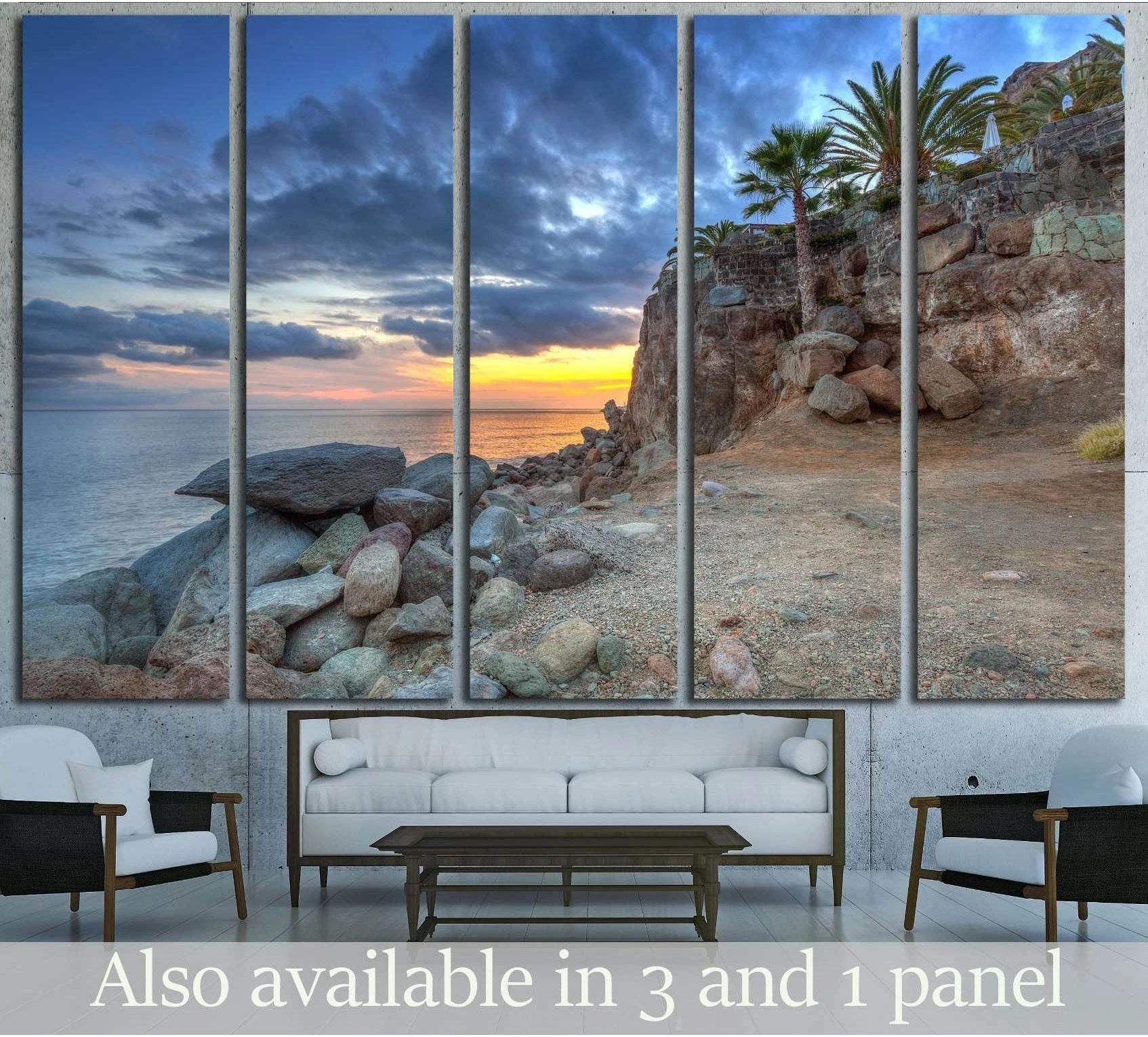 Gran Canaria coastal sunset canvas print with rocky cliffs, palms, and ocean view above sofa