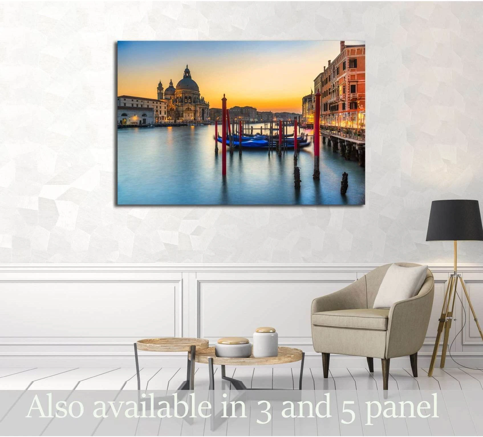 Venice Grand Canal canvas print with Basilica Santa Maria della Salute at sunset above a chair