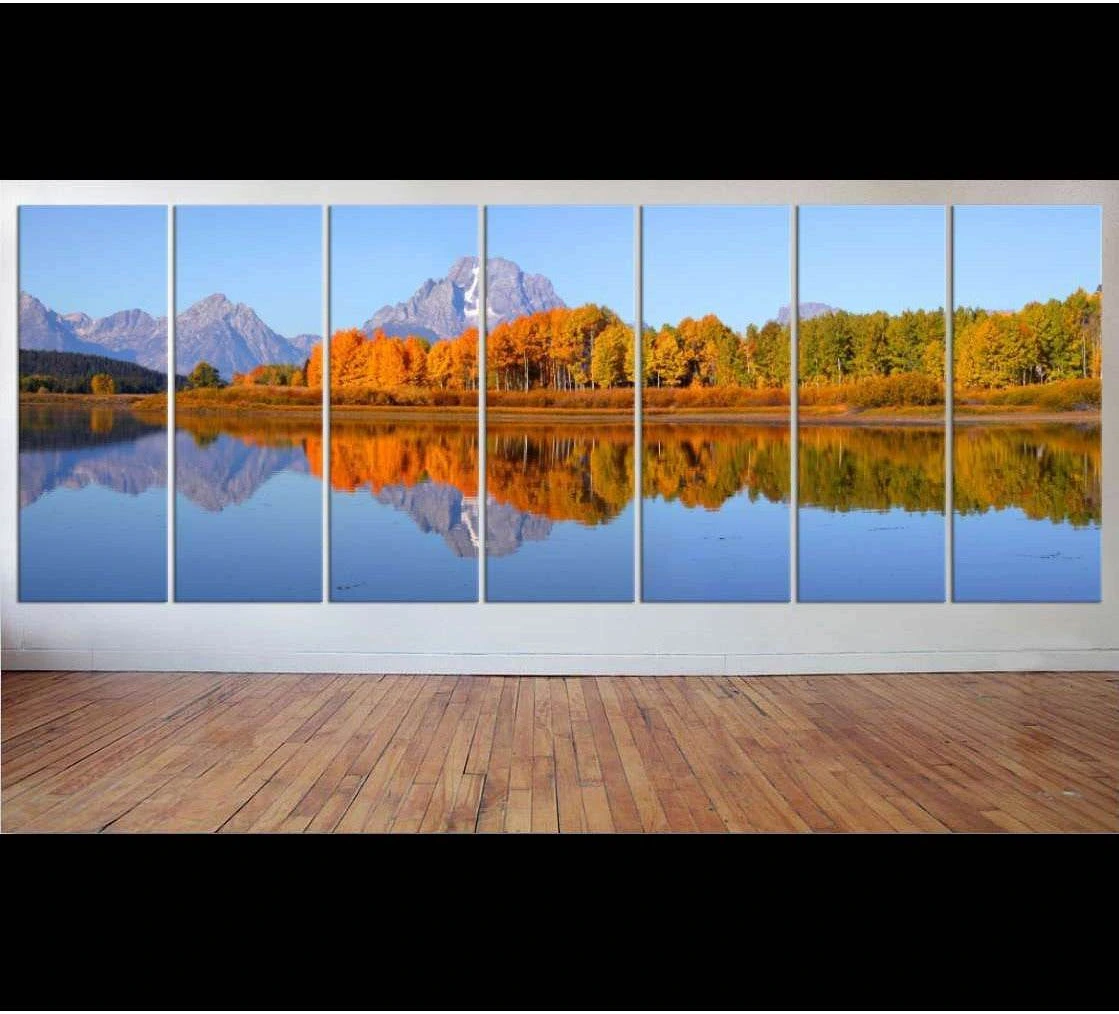Grand Teton Oxbow Bend autumn canvas print with mountain lake reflection displayed as panoramic wall art