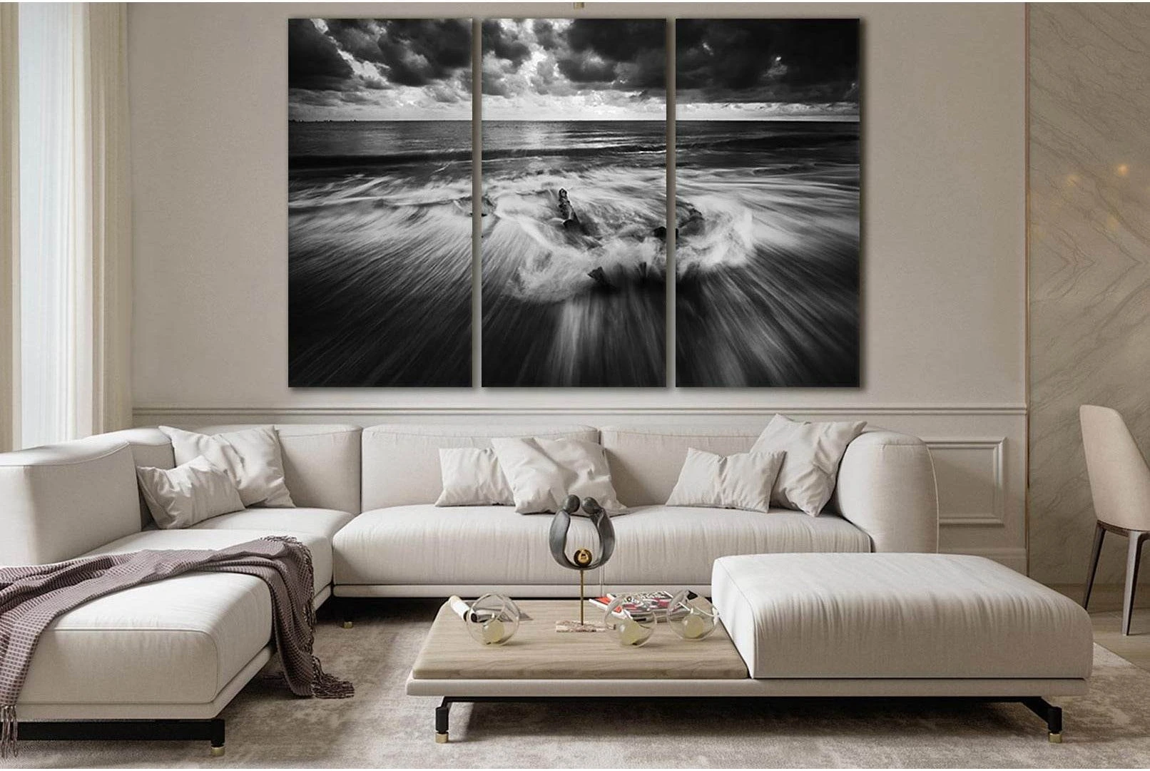 Black-and-White Ocean Waves Seascape Wall Art (Triptych) showing ocean water, wave movement and surf.