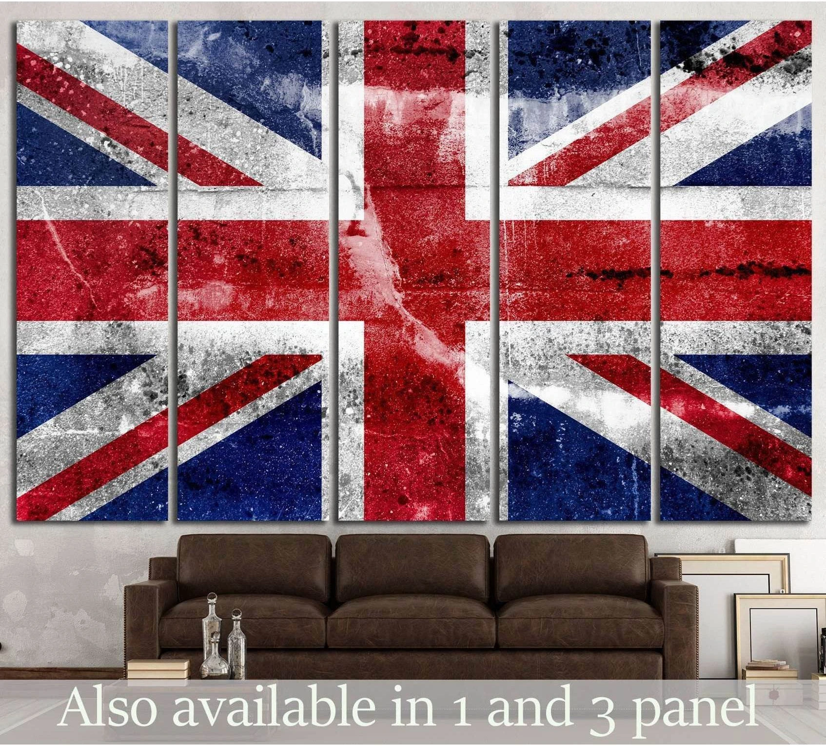 Vintage Union Jack multi-panel canvas print hung above a brown sofa in an industrial living room