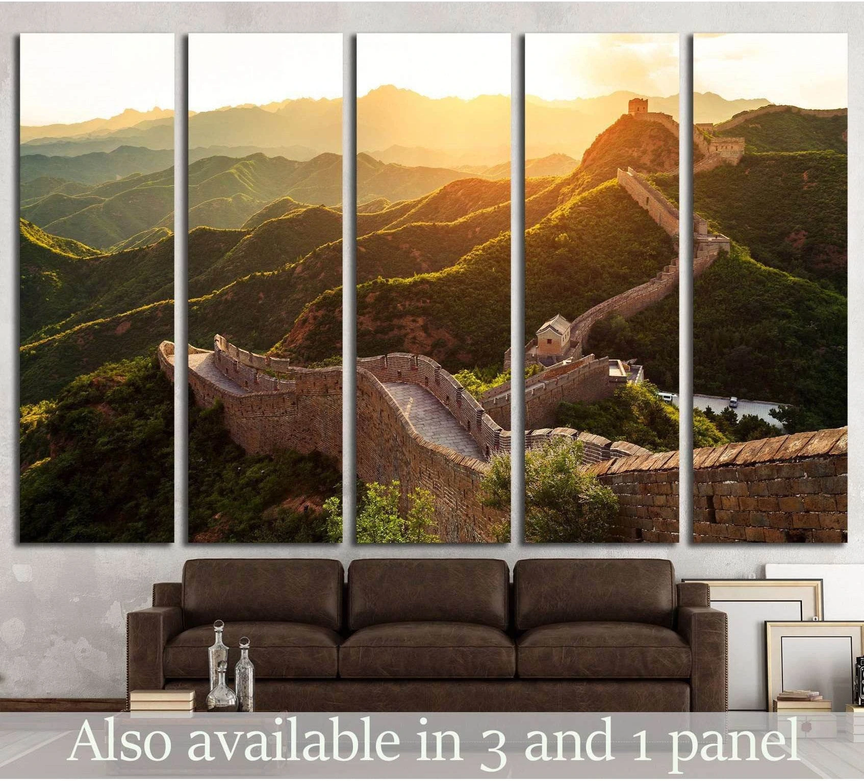 Great Wall of China sunset canvas print in a multi-panel living room mockup over a brown sofa