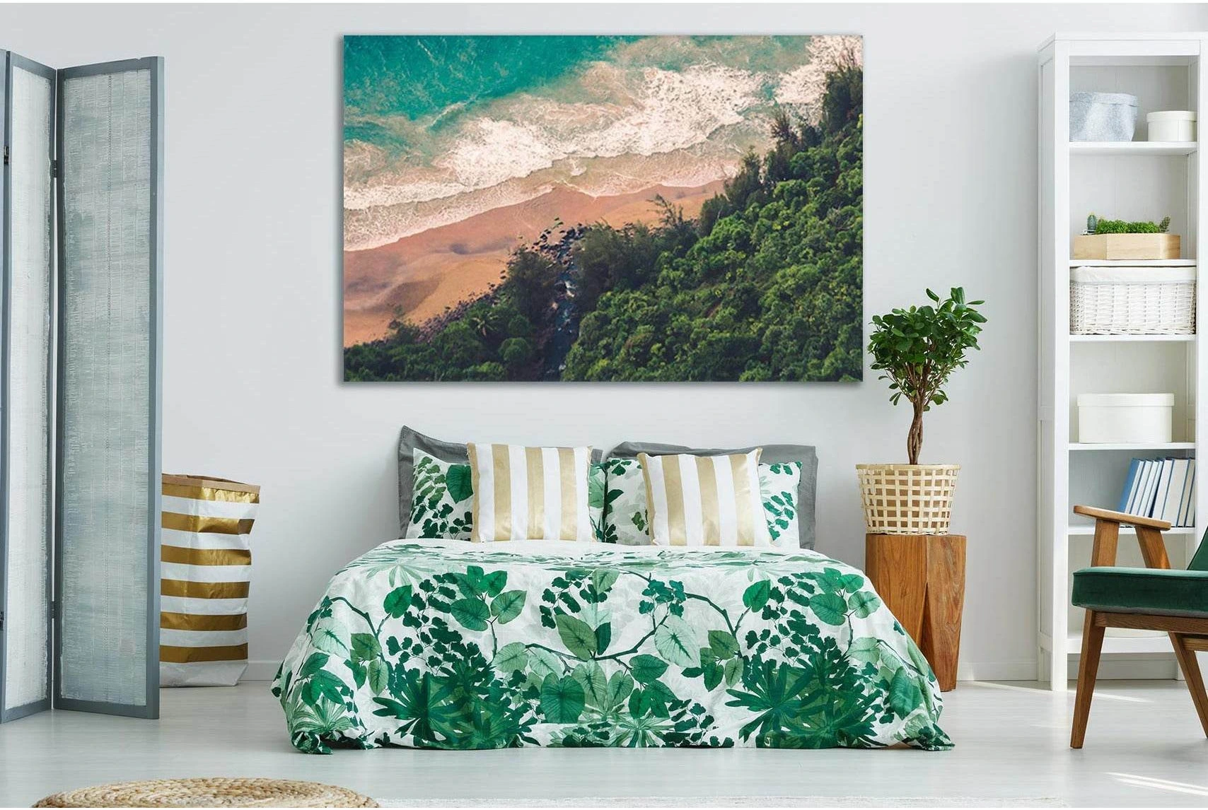 Teal Sea Foamy Beach with Green Trees Canvas Print showing sea water, shoreline and horizon depth.