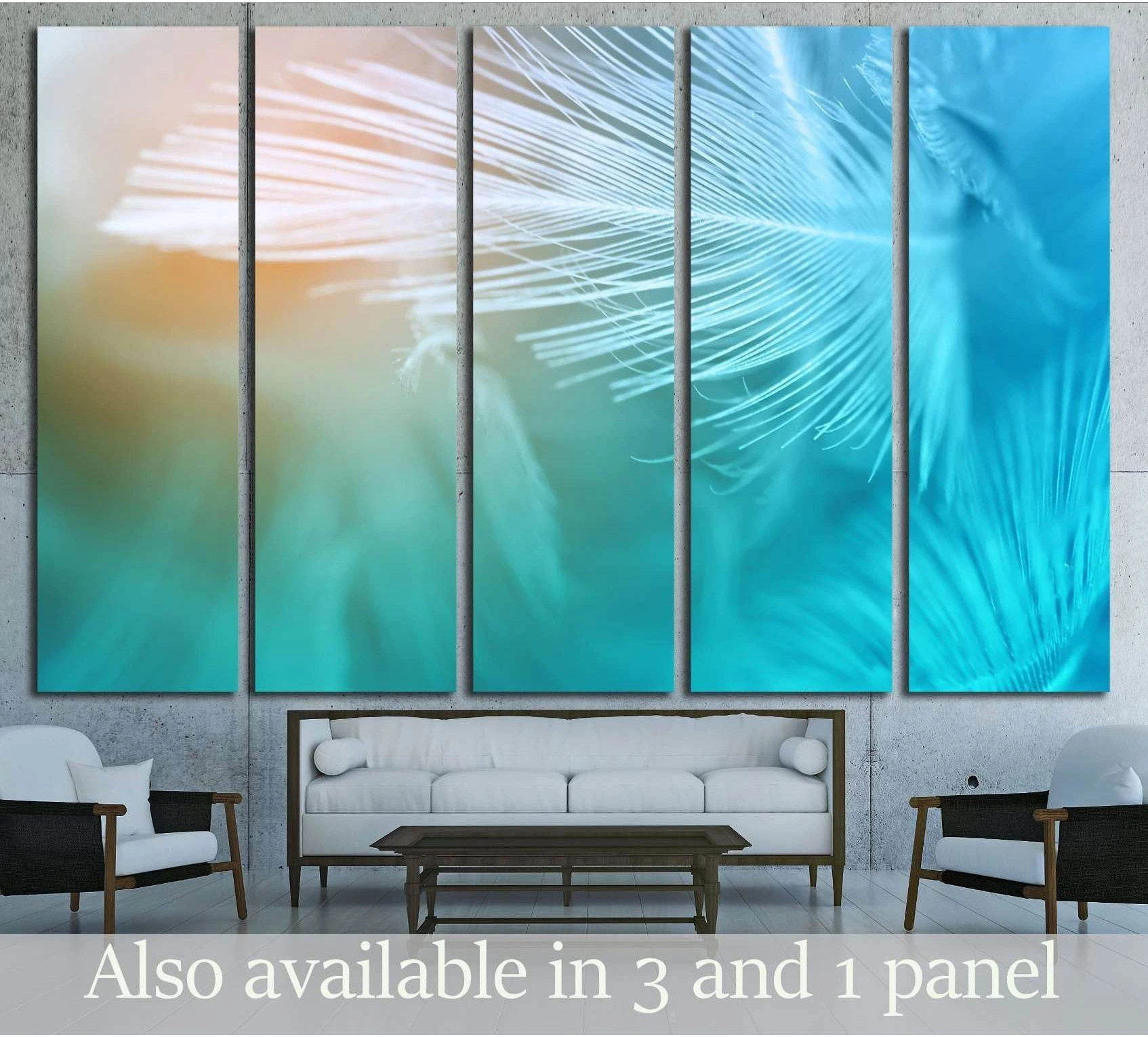 Turquoise feather canvas print in aqua and blue tones displayed as multi-panel wall art above a sofa in a modern living room
