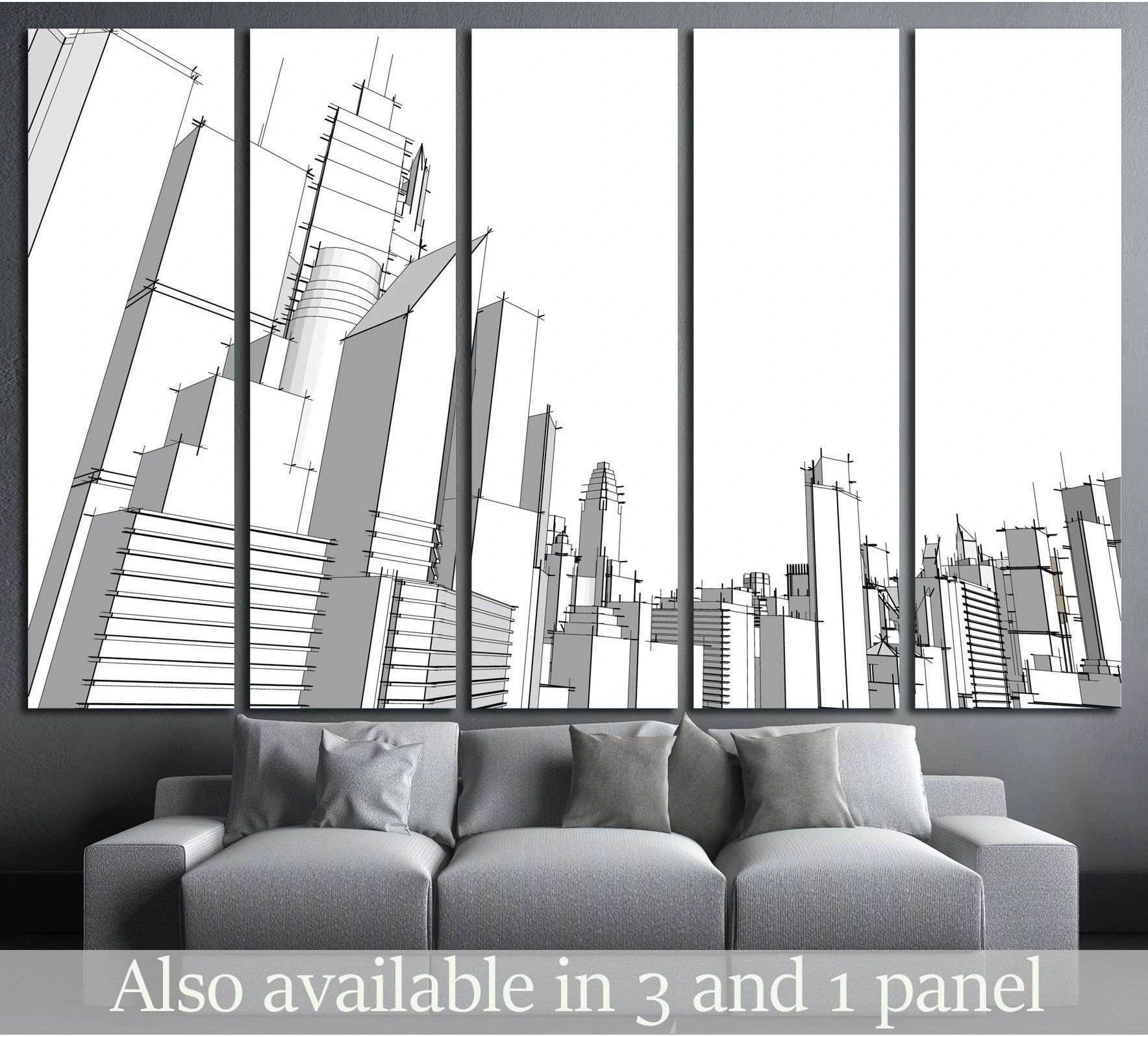 Minimalist grey city skyline canvas print in architectural sketch style above a sofa