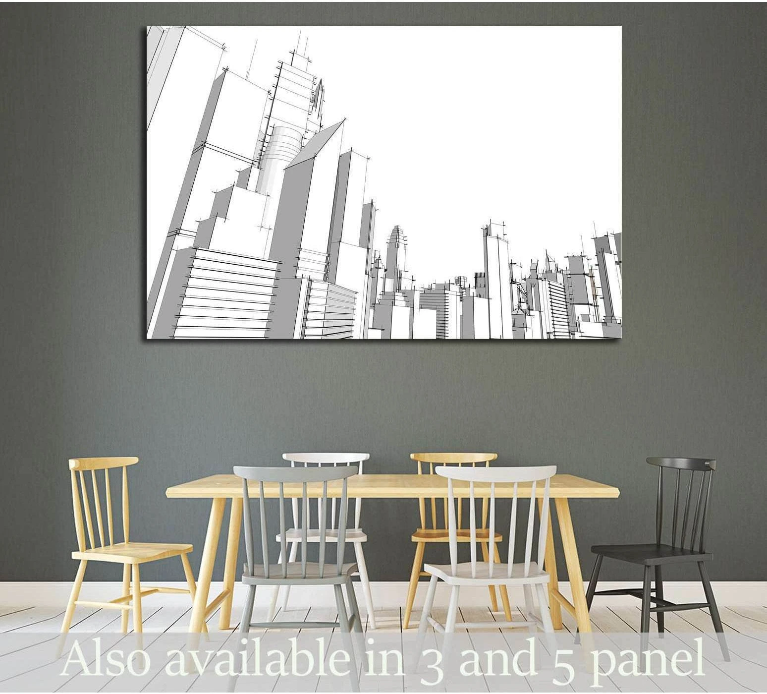 Monochrome city skyline canvas print with grey architectural line art above a modern dining table