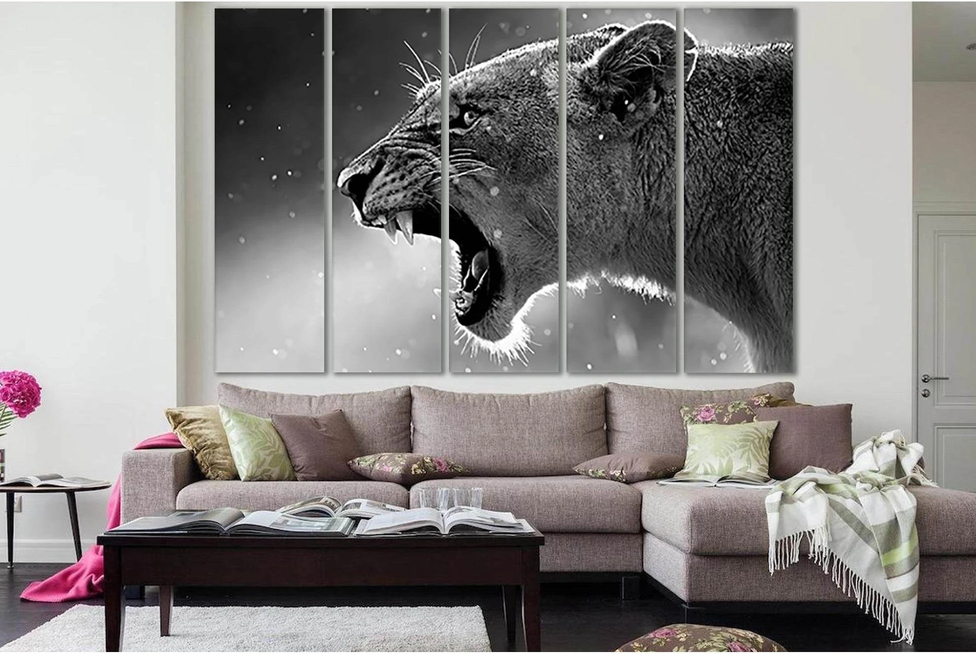 Growling Lioness In Black And White №SL855 Ready to Hang Canvas Print - Zellart Canvas Prints 0new, ALL_Products, Black & White Wall Art, Lion