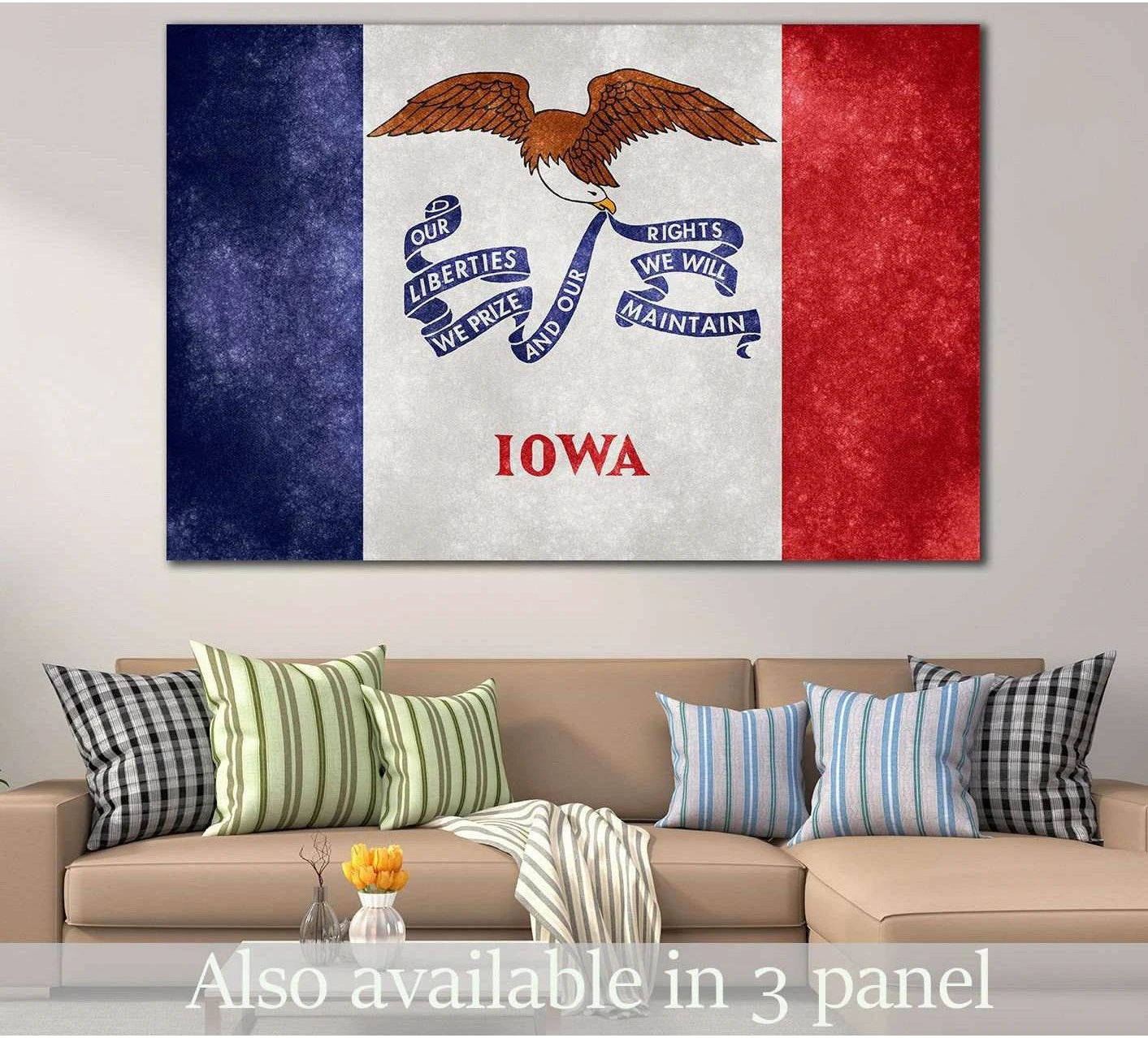 Grungy Iowa flag canvas print with eagle emblem hung above sofa in a neutral living room