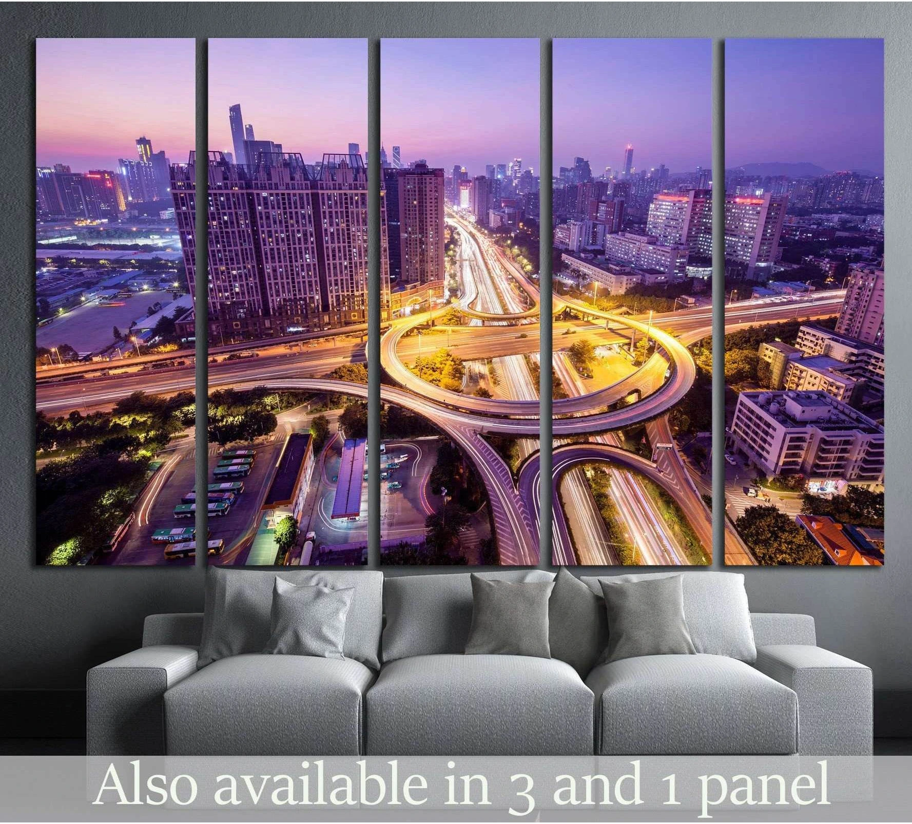 Guangzhou skyline canvas print with glowing highway interchange at dusk above a sofa