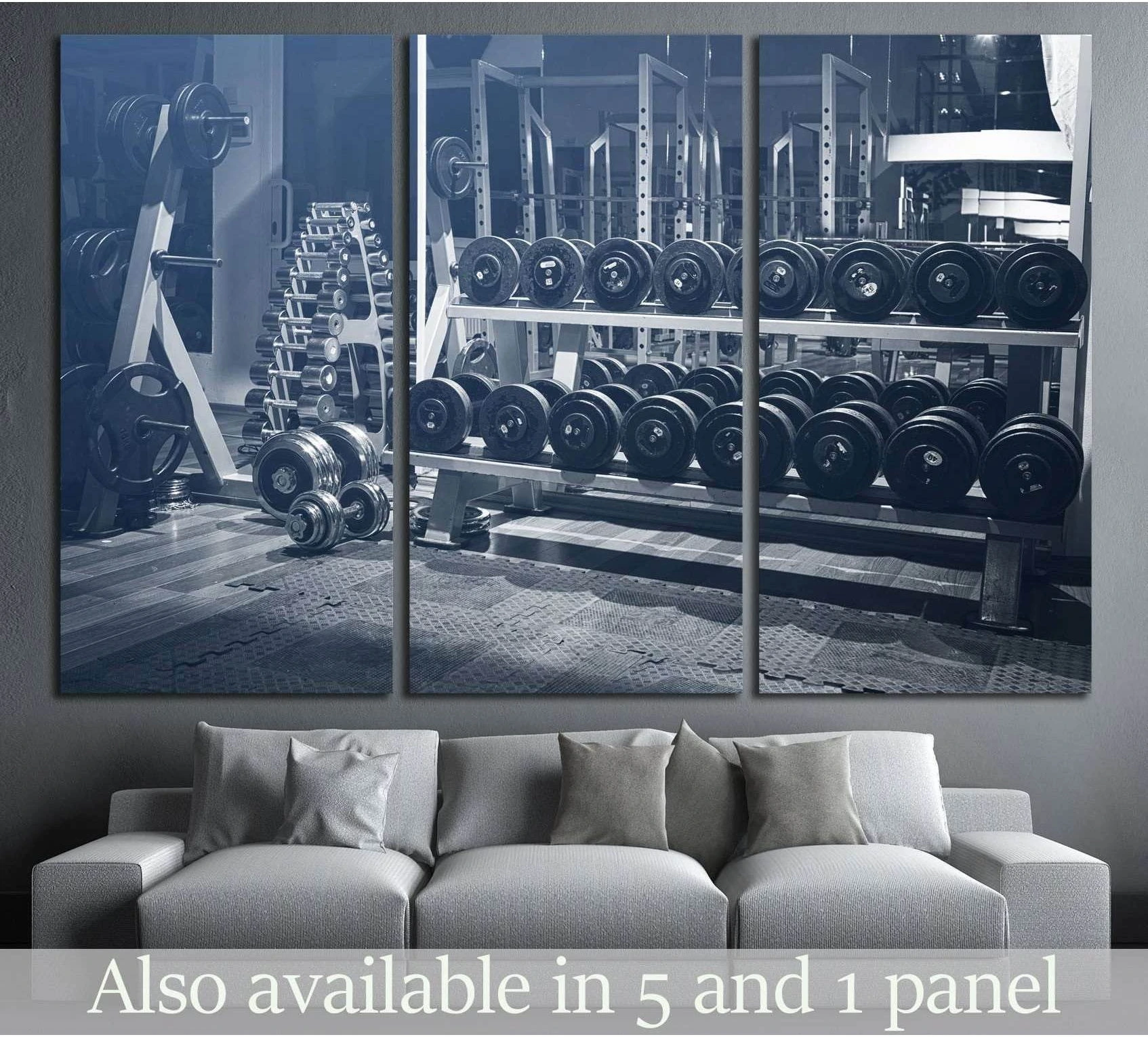 Monochrome dumbbell rack canvas print displayed above a sofa in a modern living room