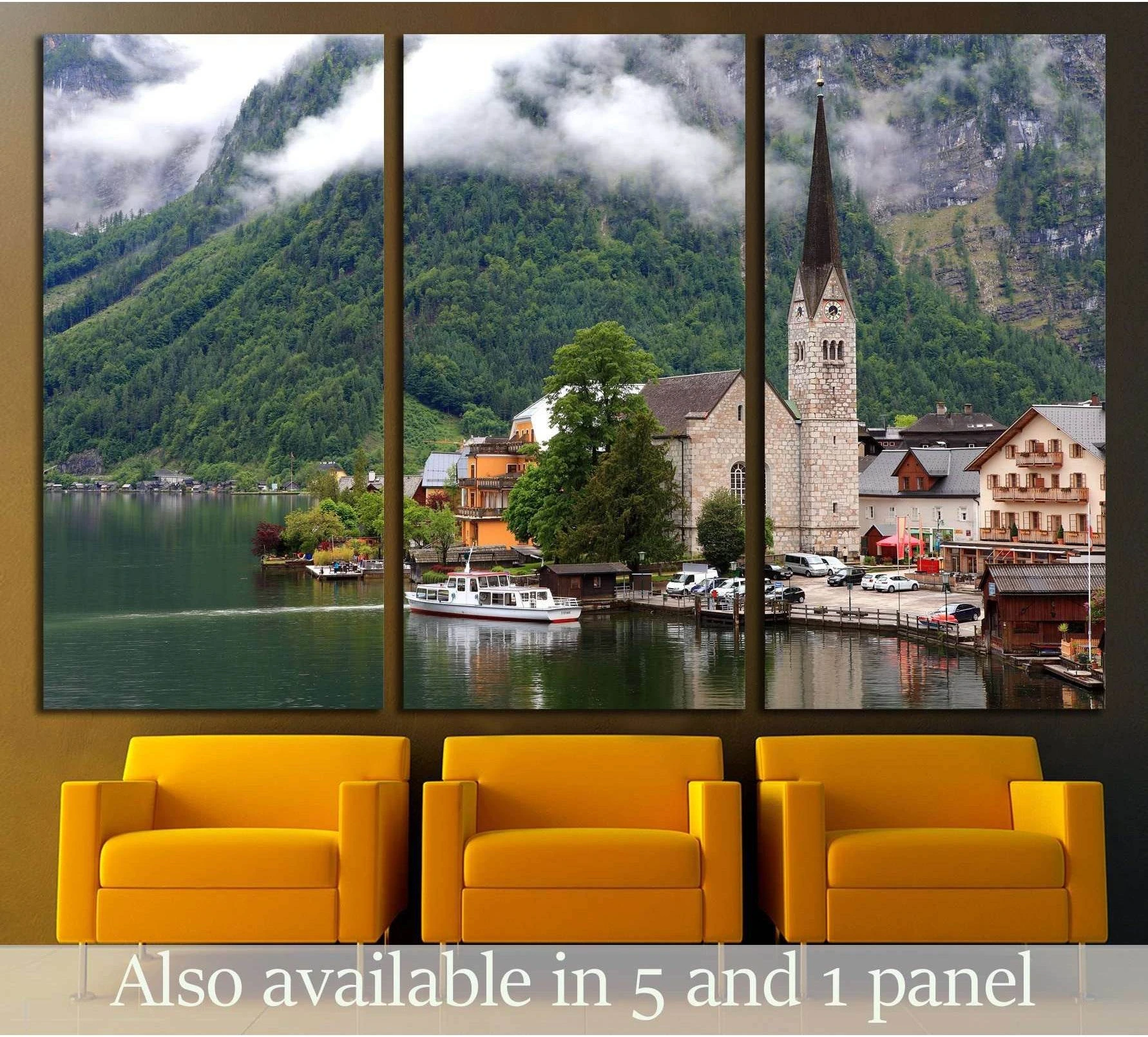 Hallstatt Austria lake village canvas print with church spire, misty mountains, and waterfront boats
