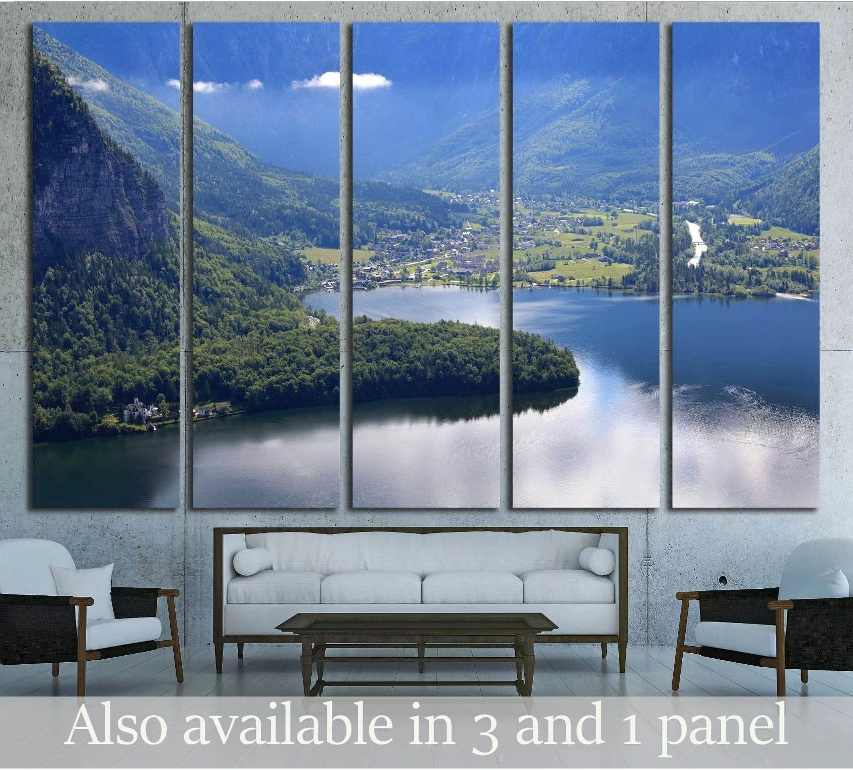 Hallstatt Austria lake town panoramic canvas print with alpine mountains, displayed above a sofa