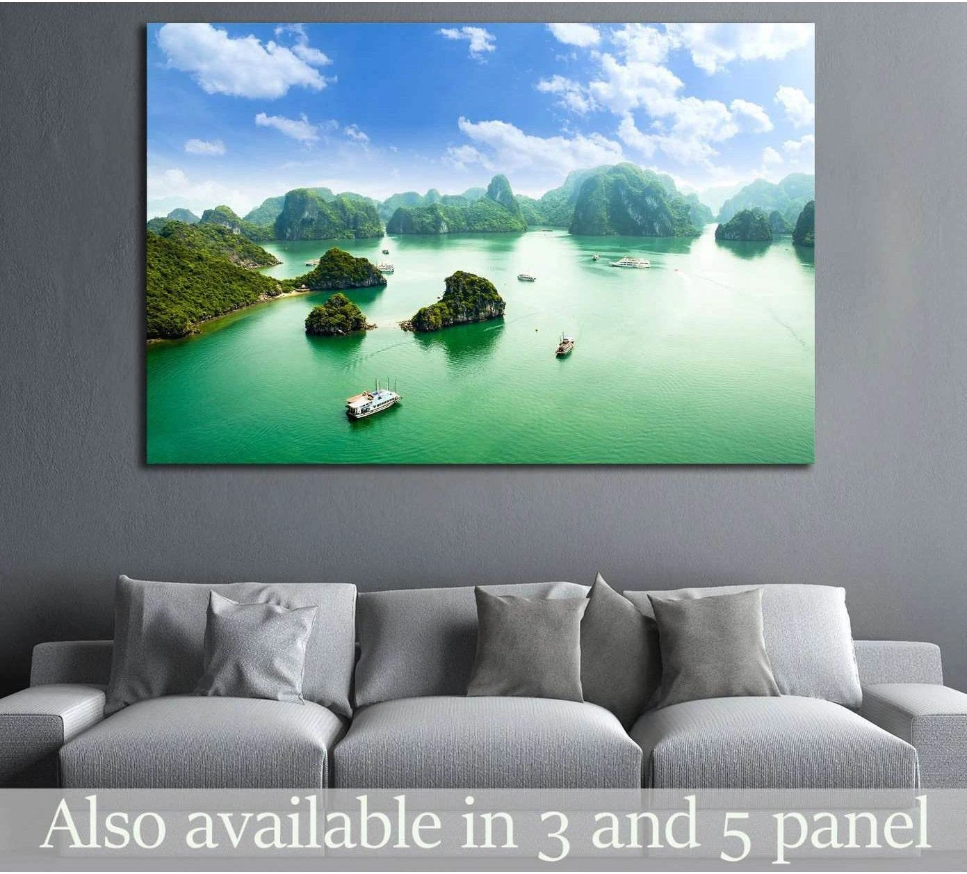 Ha Long Bay canvas print with Ti Top Island and boats above sofa in modern living room