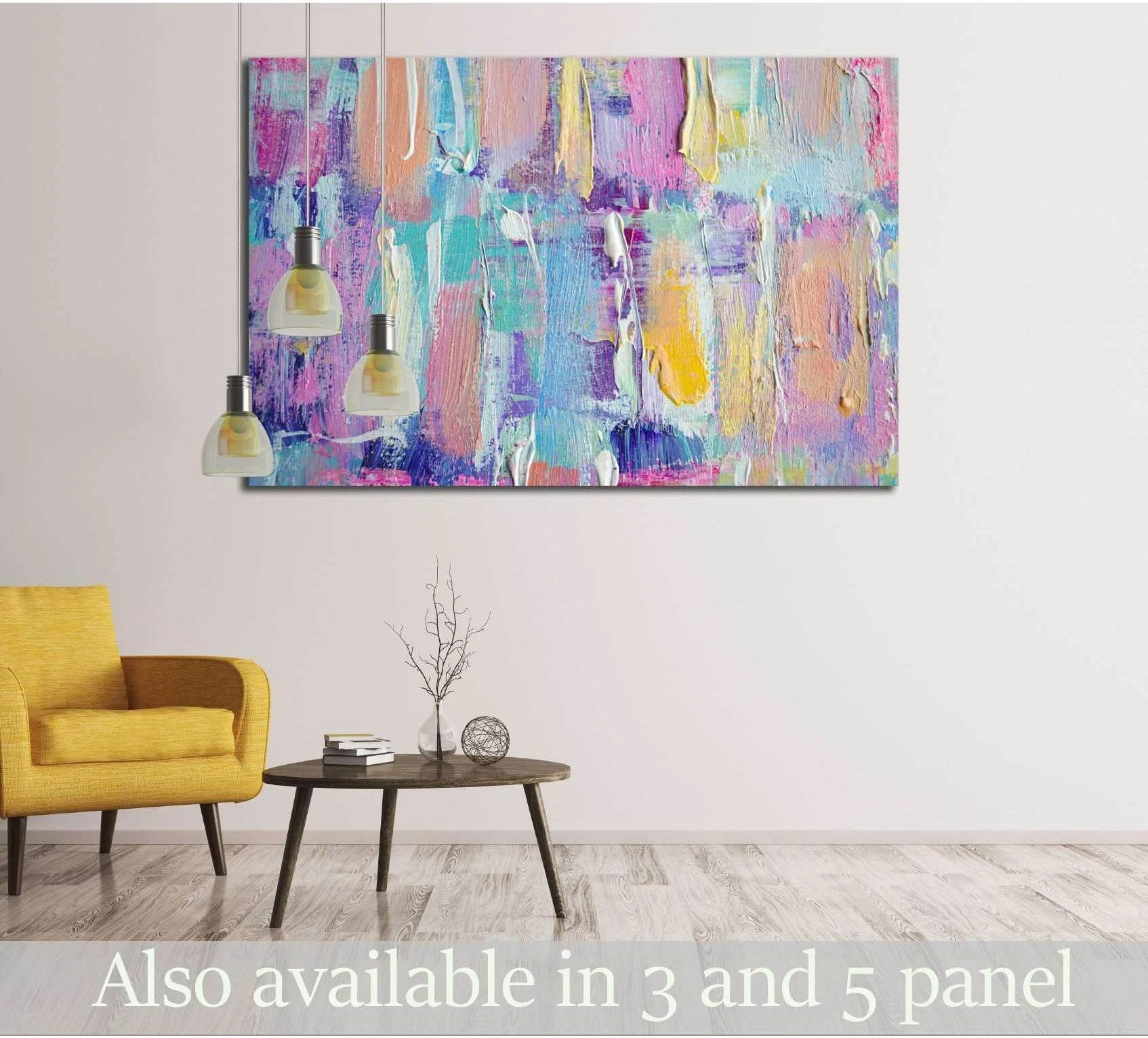 Pastel abstract canvas print with mint, pink, lavender, and peach textured brushstrokes above a sofa table