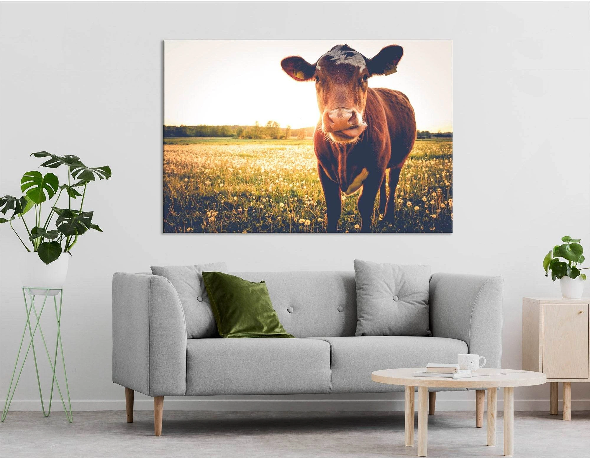 Happy Cow On A Meadow During Sunset №04239 Ready to Hang Canvas Print - Zellart Canvas Prints ALL_Products, Cow