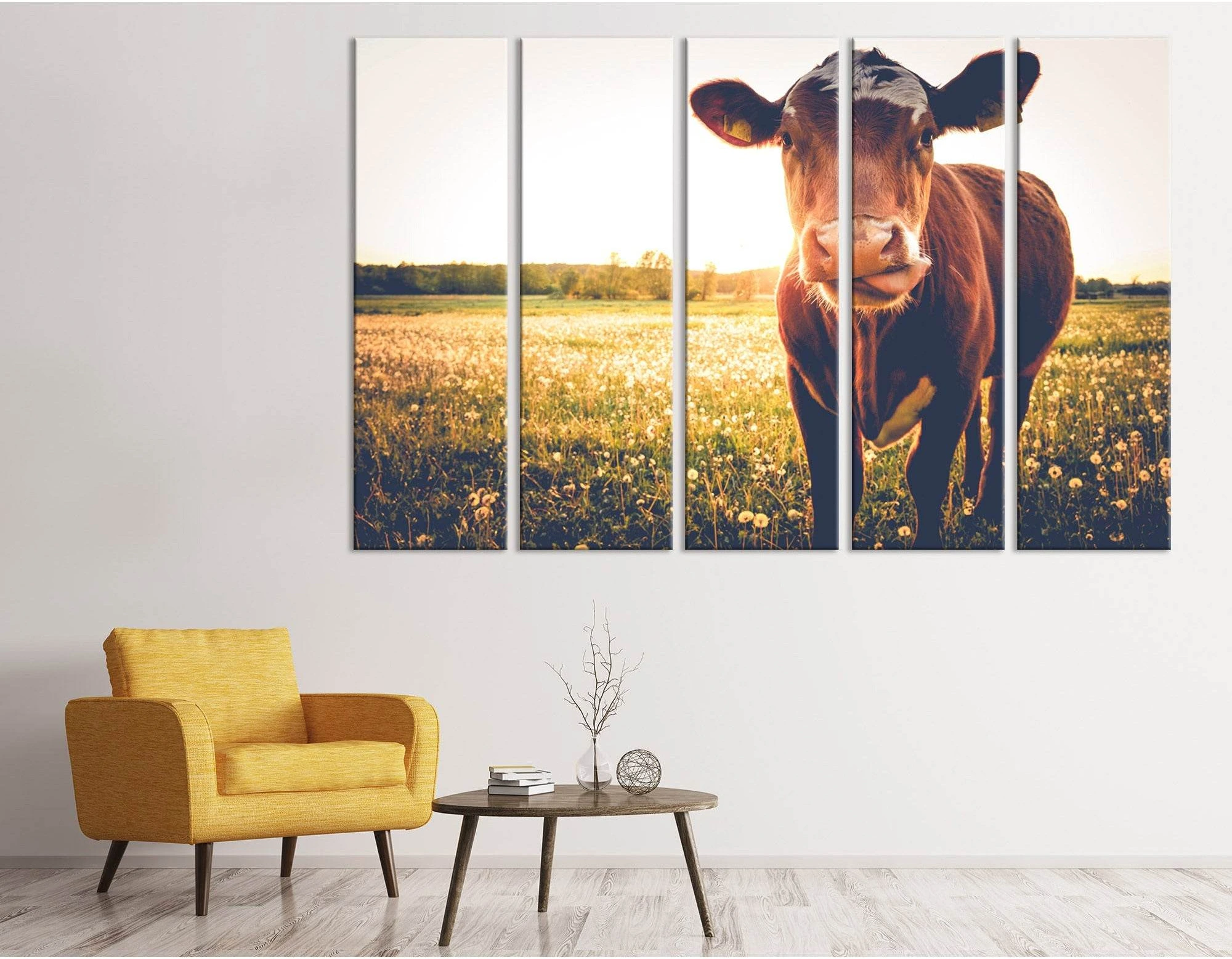 Happy Cow On A Meadow During Sunset №04239 Ready to Hang Canvas Print - Zellart Canvas Prints ALL_Products, Cow