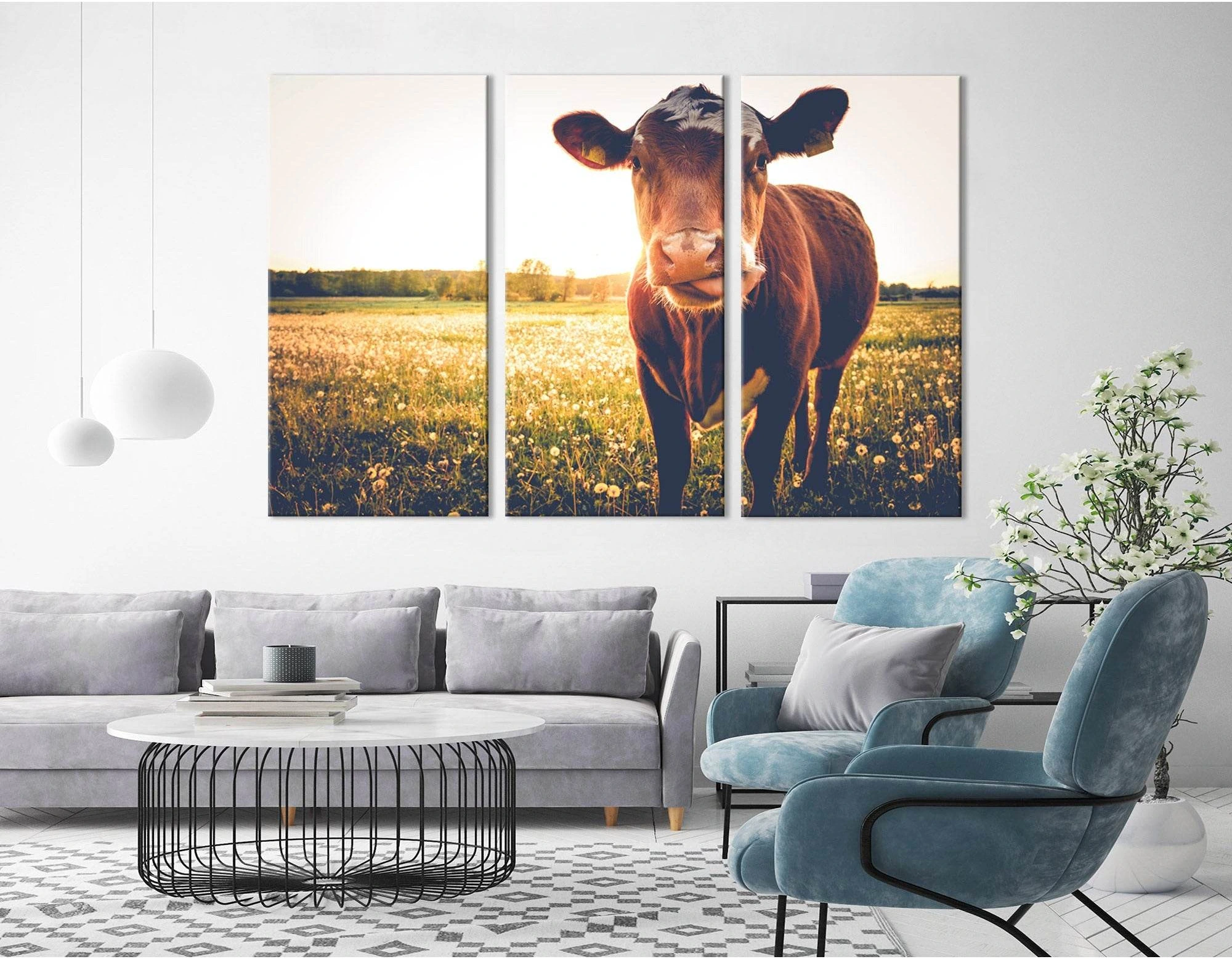 Happy Cow On A Meadow During Sunset №04239 Ready to Hang Canvas Print - Zellart Canvas Prints ALL_Products, Cow