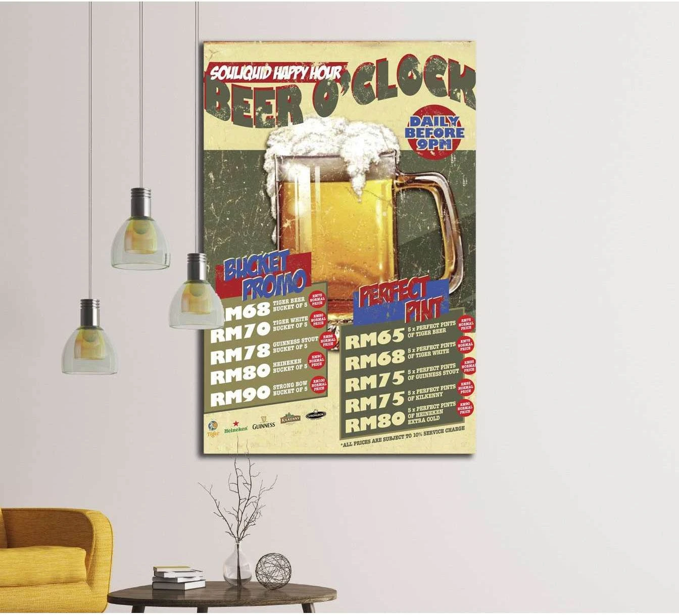 Retro Beer O'Clock canvas print with frothy beer mug poster hung in a modern living room
