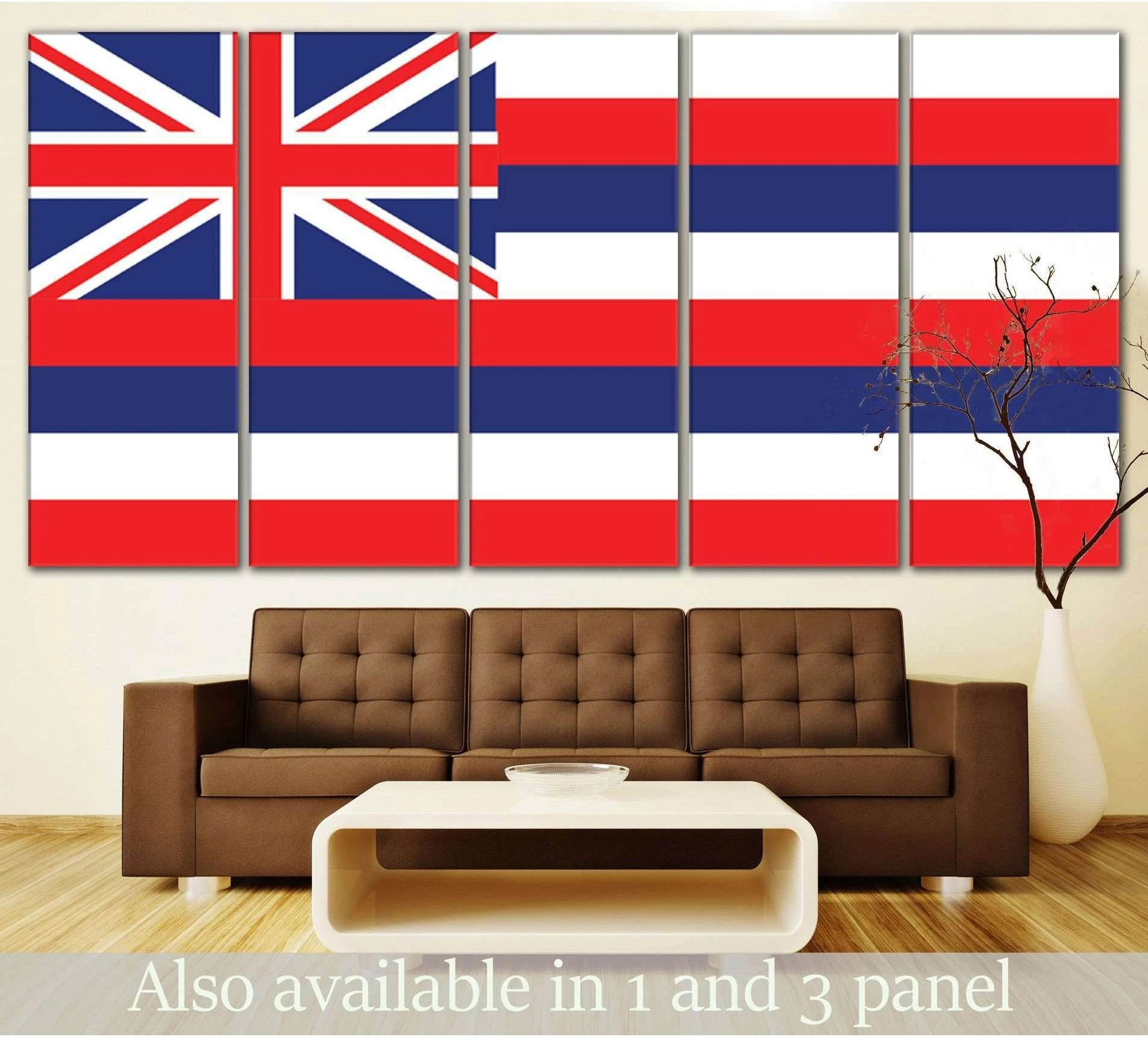 Hawaii flag multi-panel canvas print displayed above a brown sofa in a modern living room