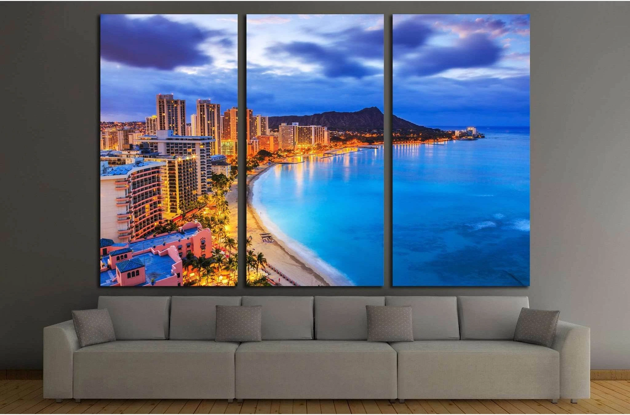 Hawaii, Skyline of Honolulu, Diamond Head volcano, Waikiki Beach №1737 Ready to Hang Canvas Print - Zellart Canvas Prints ALL_Products, s-1737