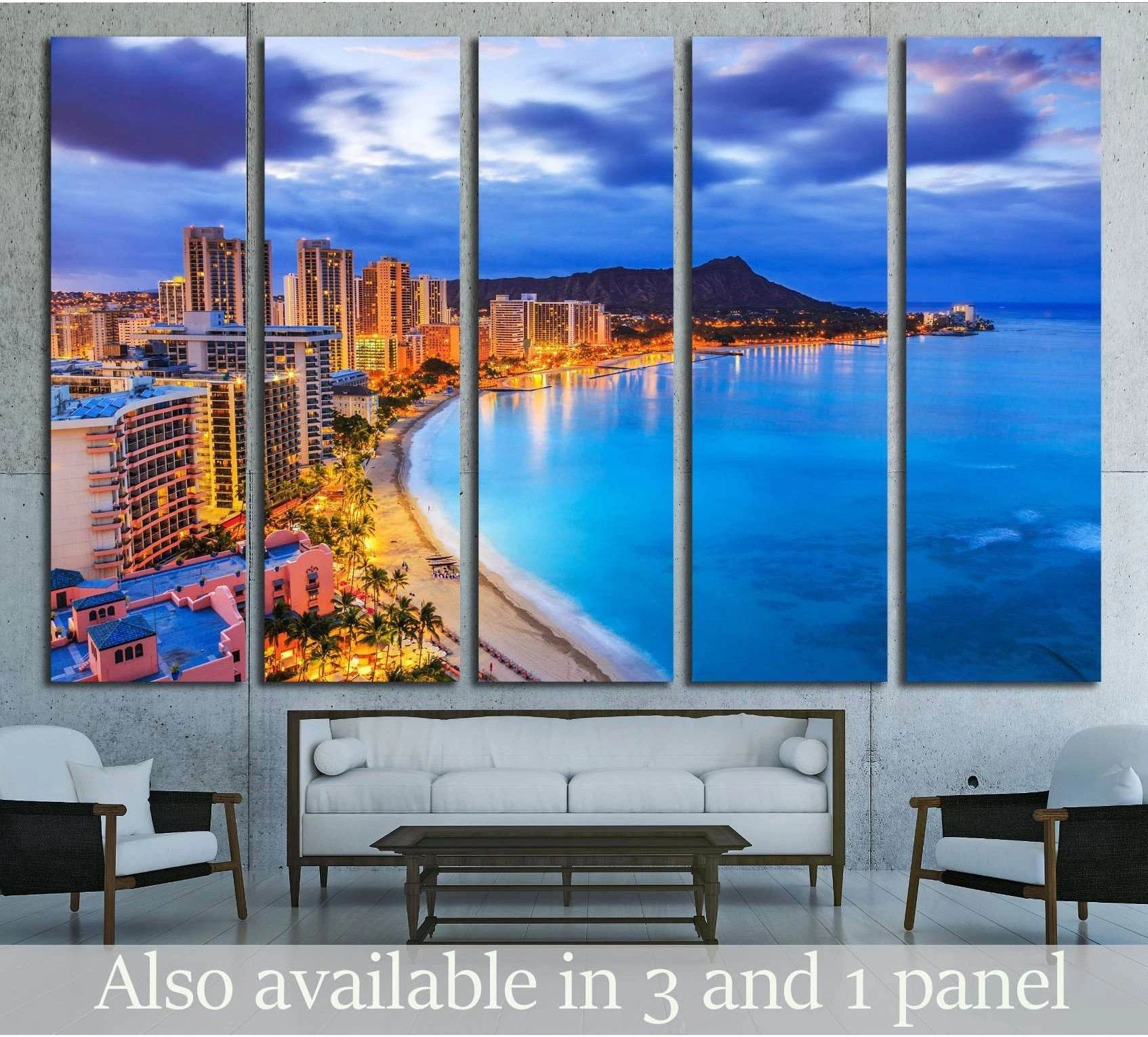 Honolulu skyline canvas print with Waikiki Beach, Diamond Head, and blue dusk ocean view