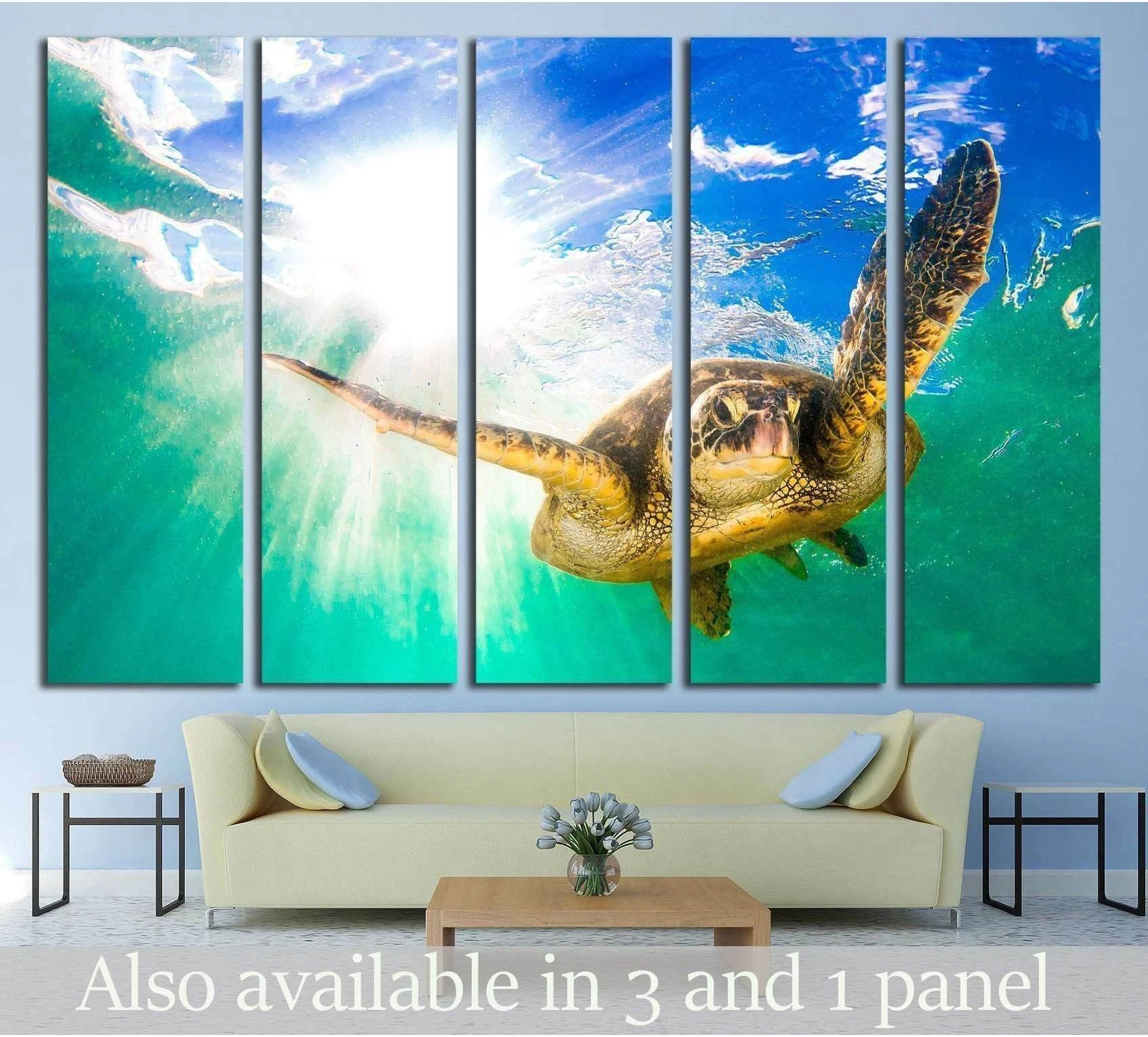 Hawaiian Green Sea Turtle cruising in the warm waters of the Pacific Ocean in Hawaii showing sea water, shoreline and horizon depth.