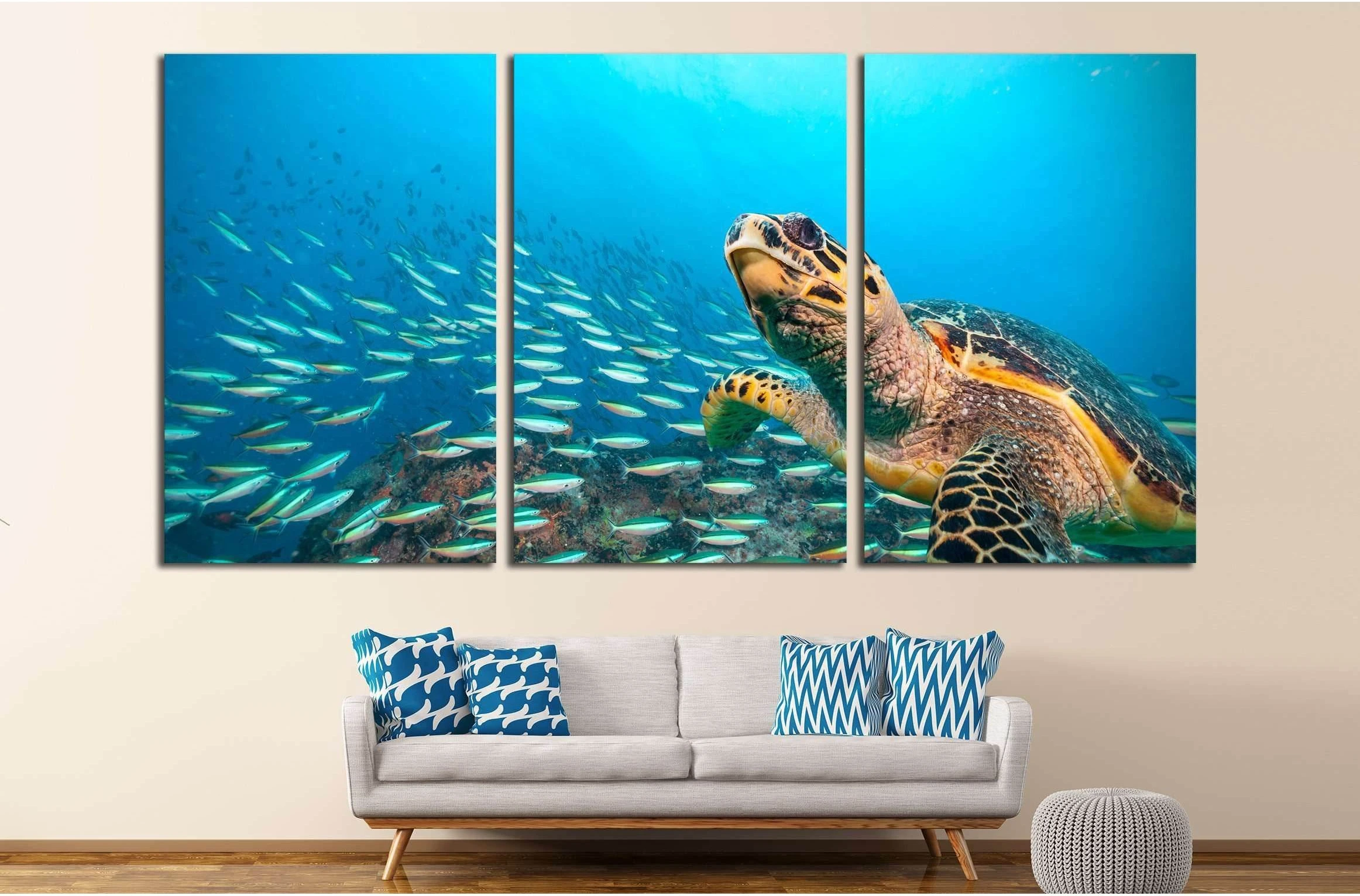 Hawksbill Sea Turtle flowing in Indian ocean, flock of fish on background №2366 Ready to Hang Canvas Print - Zellart Canvas Prints ALL_Products, s-2366