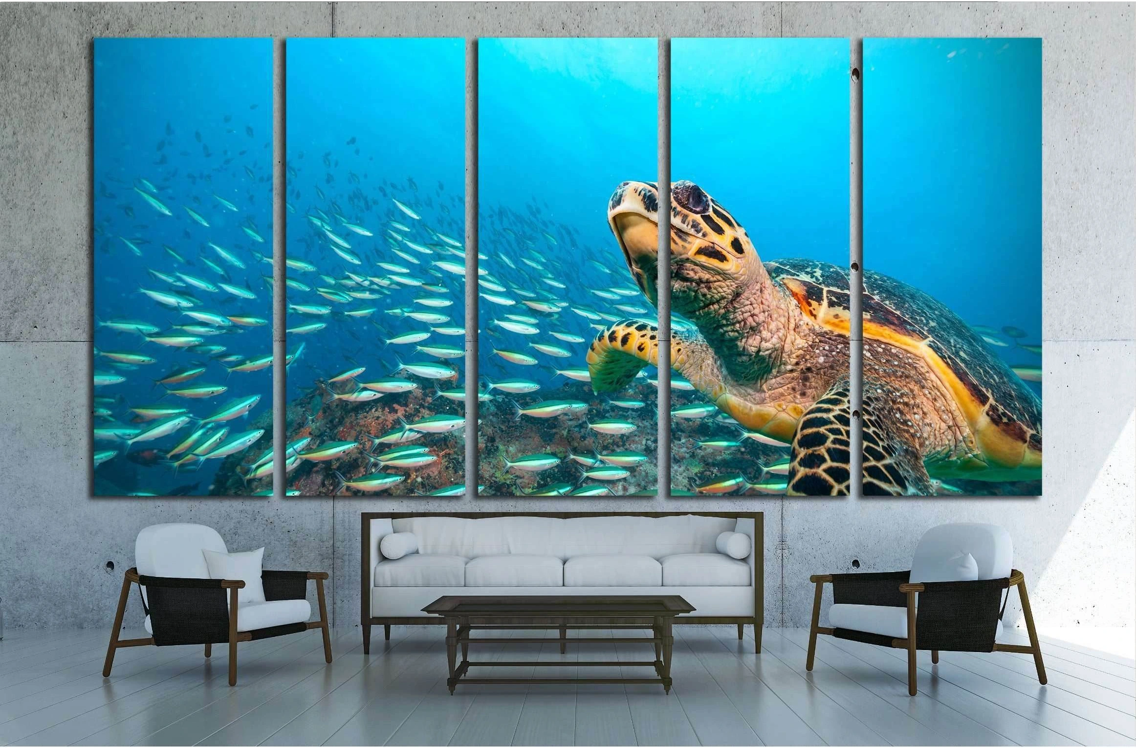 Hawksbill Sea Turtle flowing in Indian ocean, flock of fish on background №2366 Ready to Hang Canvas Print - Zellart Canvas Prints ALL_Products, s-2366