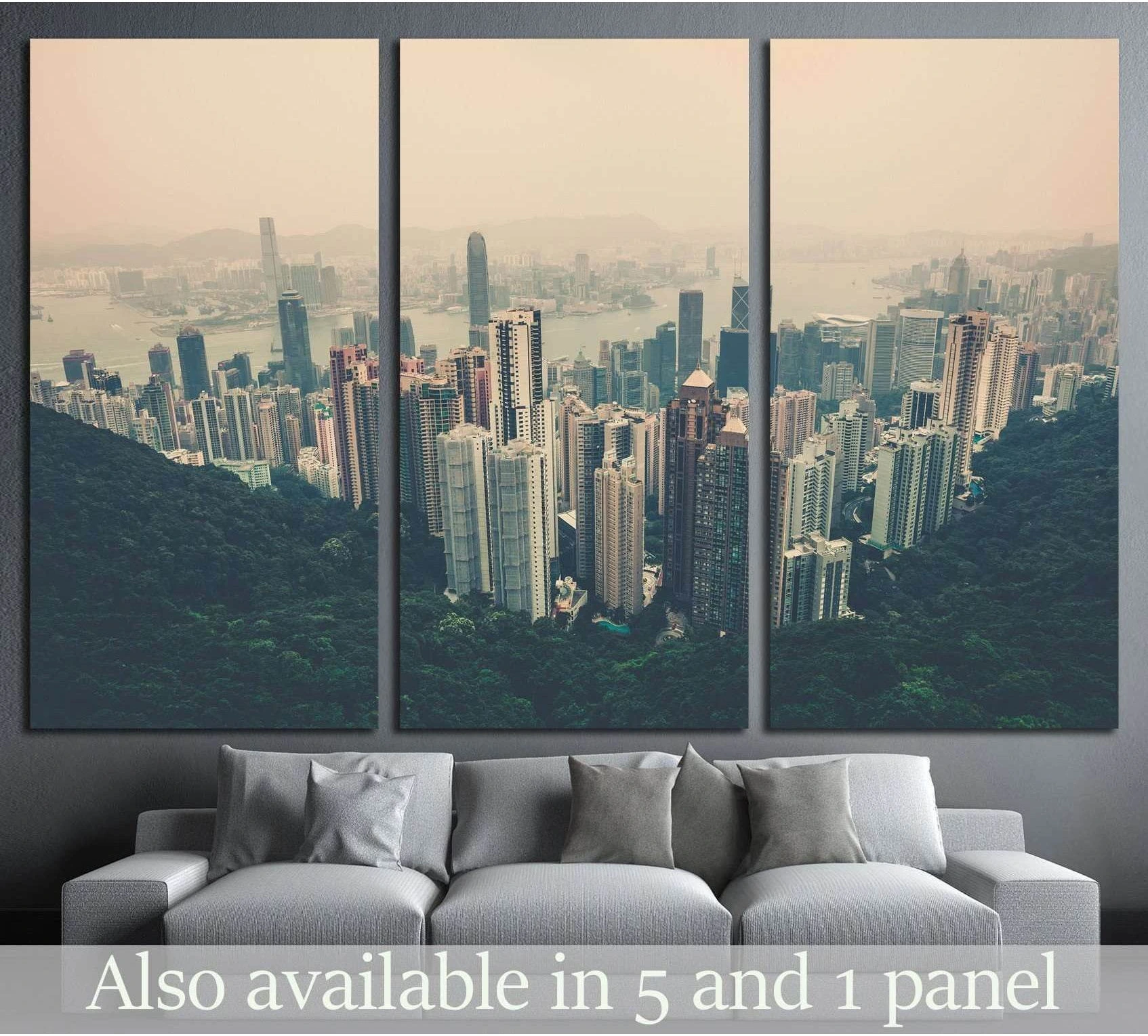 Hazy Hong Kong skyline from Victoria Peak canvas print above sofa in modern living room