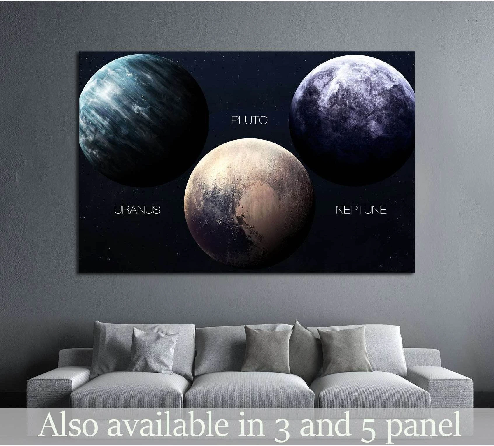 Pluto, Uranus and Neptune canvas print hung above a gray sofa in a modern living room