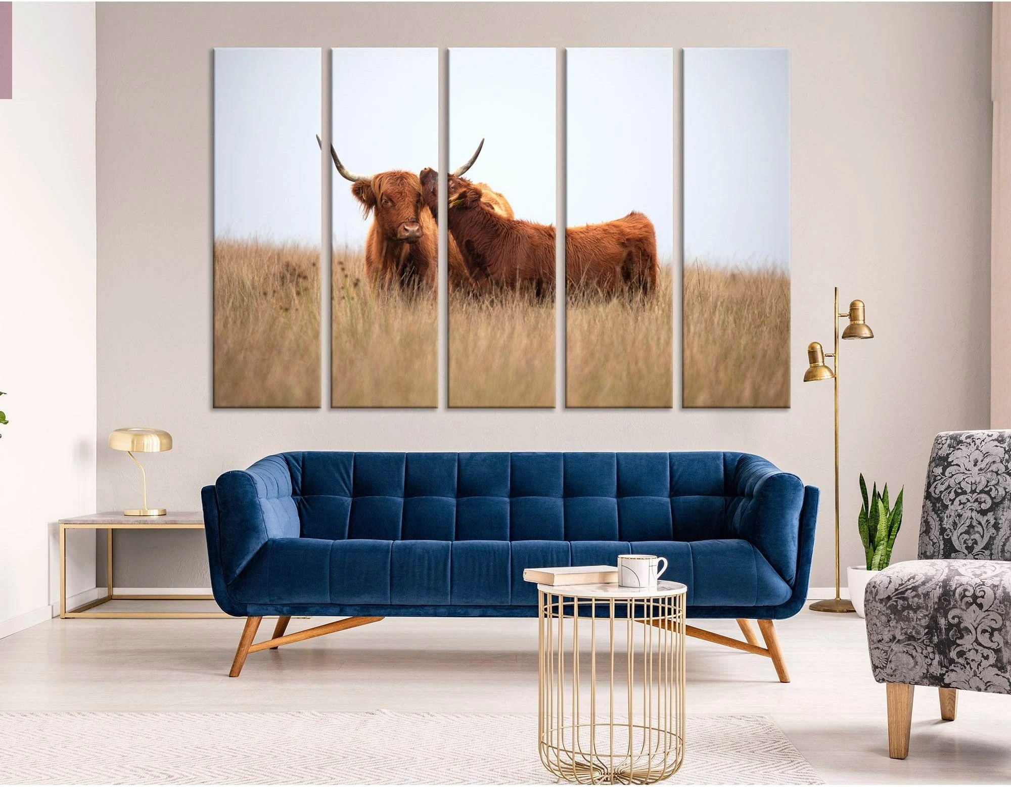 Highland Cow And Calf In The Field №04251 Ready to Hang Canvas Print - Zellart Canvas Prints ALL_Products, Cow