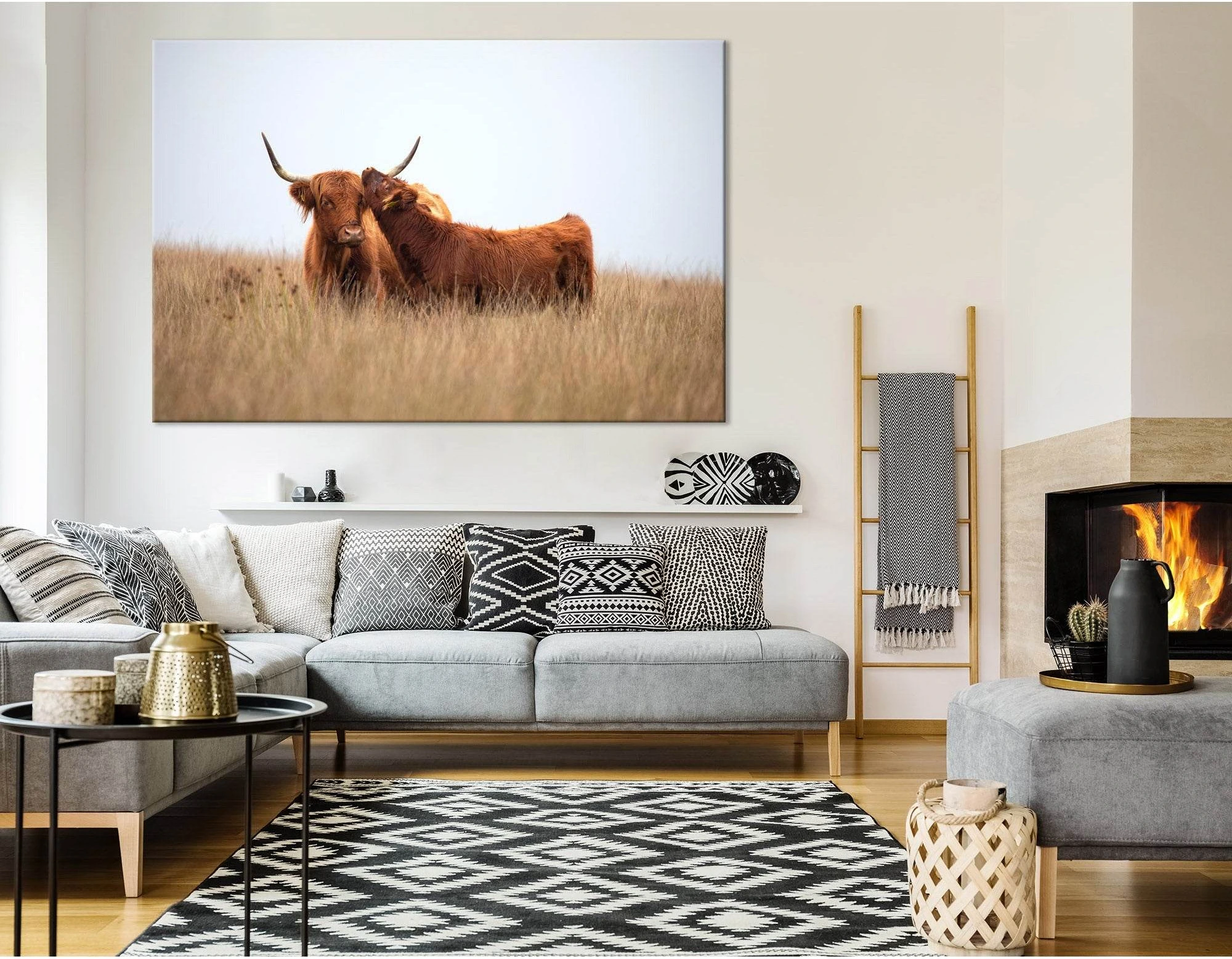 Highland Cow And Calf In The Field №04251 Ready to Hang Canvas Print - Zellart Canvas Prints ALL_Products, Cow