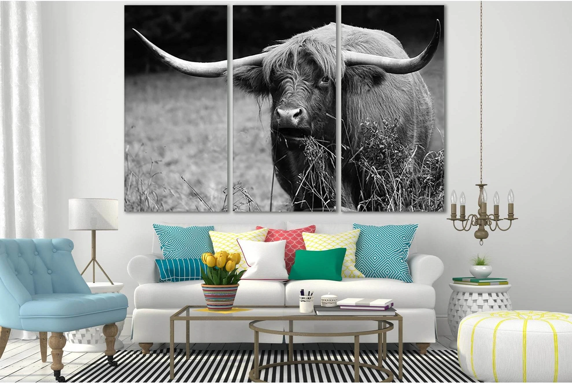 Highland Cow Black End White №SL867 Ready to Hang Canvas Print - Zellart Canvas Prints 0new, ALL_Products, Black & White Wall Art, Cow