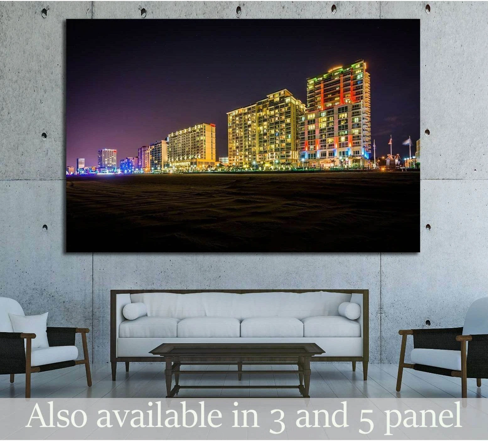 Virginia Beach oceanfront hotels at night canvas print hung above sofa in modern living room