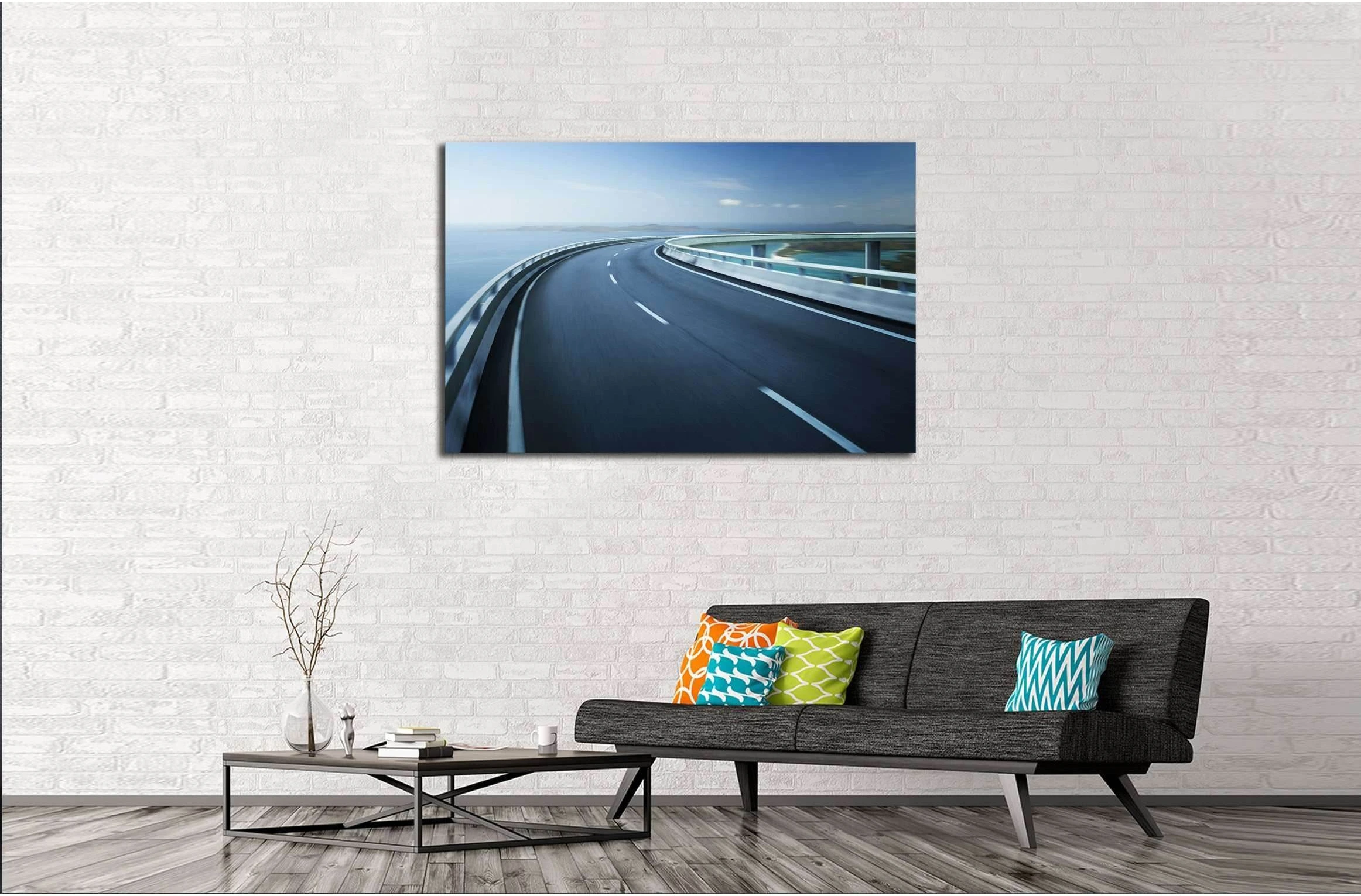 Highway overpass motion blur with coast skyline background №3284 Ready to Hang Canvas Print - Zellart Canvas Prints ALL_Products, s-3284
