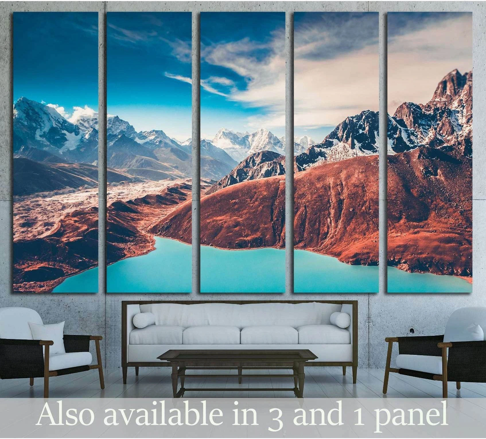 Gokyo Ri Nepal mountain lake canvas print hung above sofa in a modern living room