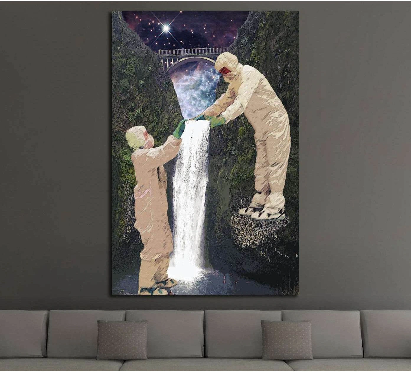 Surreal Mars terraforming canvas print with two suited figures pouring a waterfall beneath a bridge